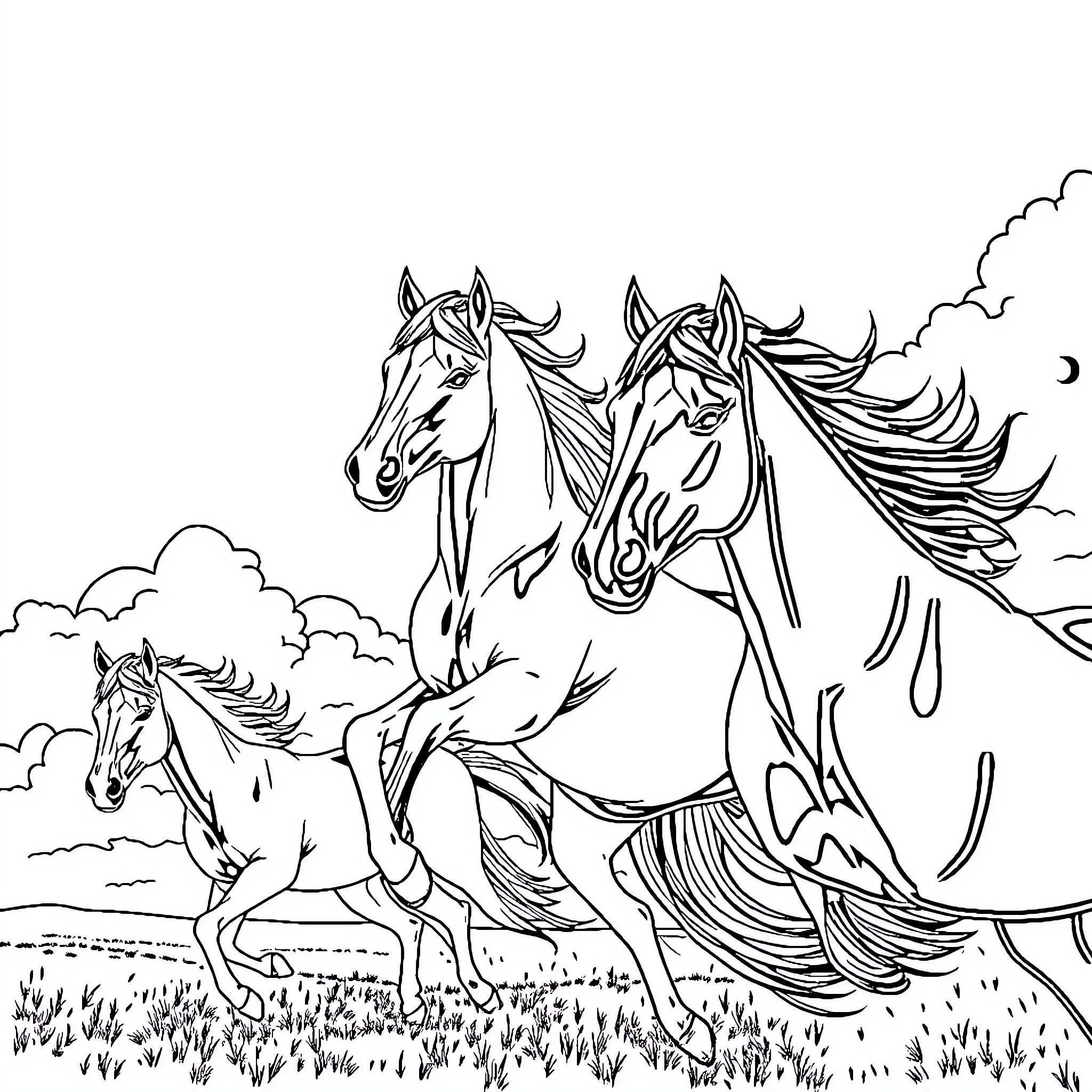 Horse group galloping through scenic field Coloring Page (free black-and-white line drawing printable PDF for all, from beginners to advanced learners, including children, teens, adults, and seniors)