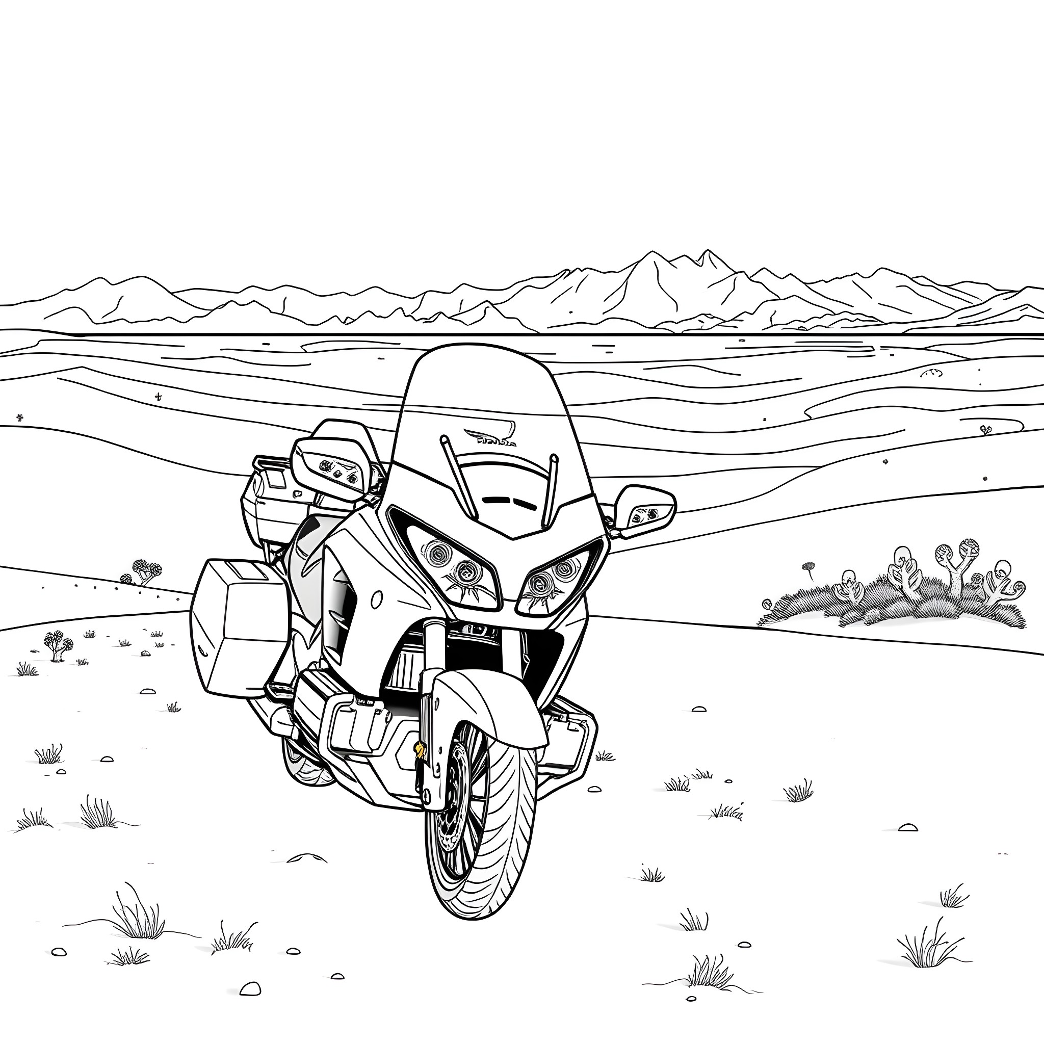 Honda Goldwing motorcycle riding through scenic mountain landscape Coloring Page (free black-and-white line drawing printable PDF for all, from beginners to advanced learners, including children, teens, adults, and seniors)