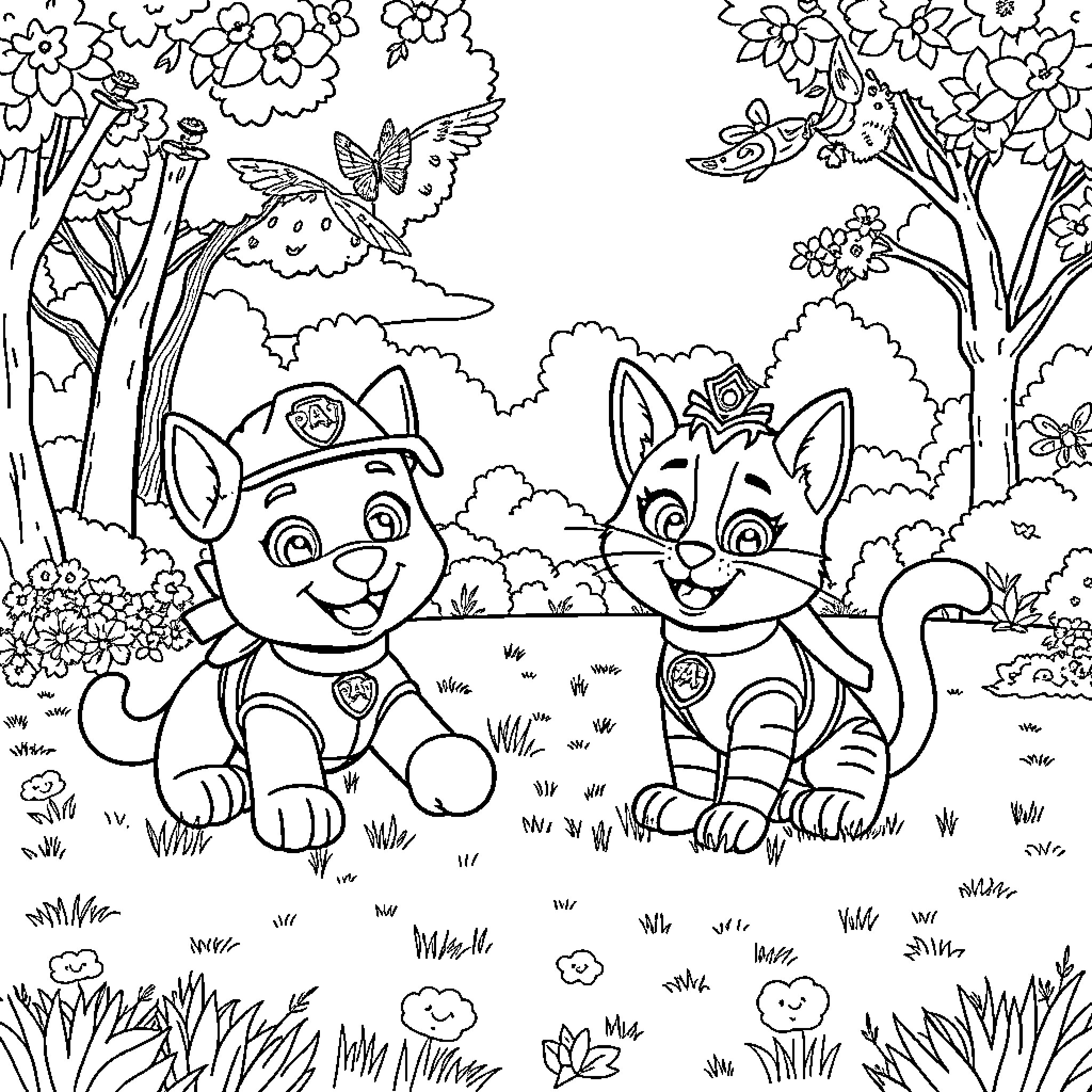 Paw Patrol characters exploring the floral garden Coloring Page (free black-and-white line drawing printable PDF for all, from beginners to advanced learners, including children, teens, adults, and seniors)