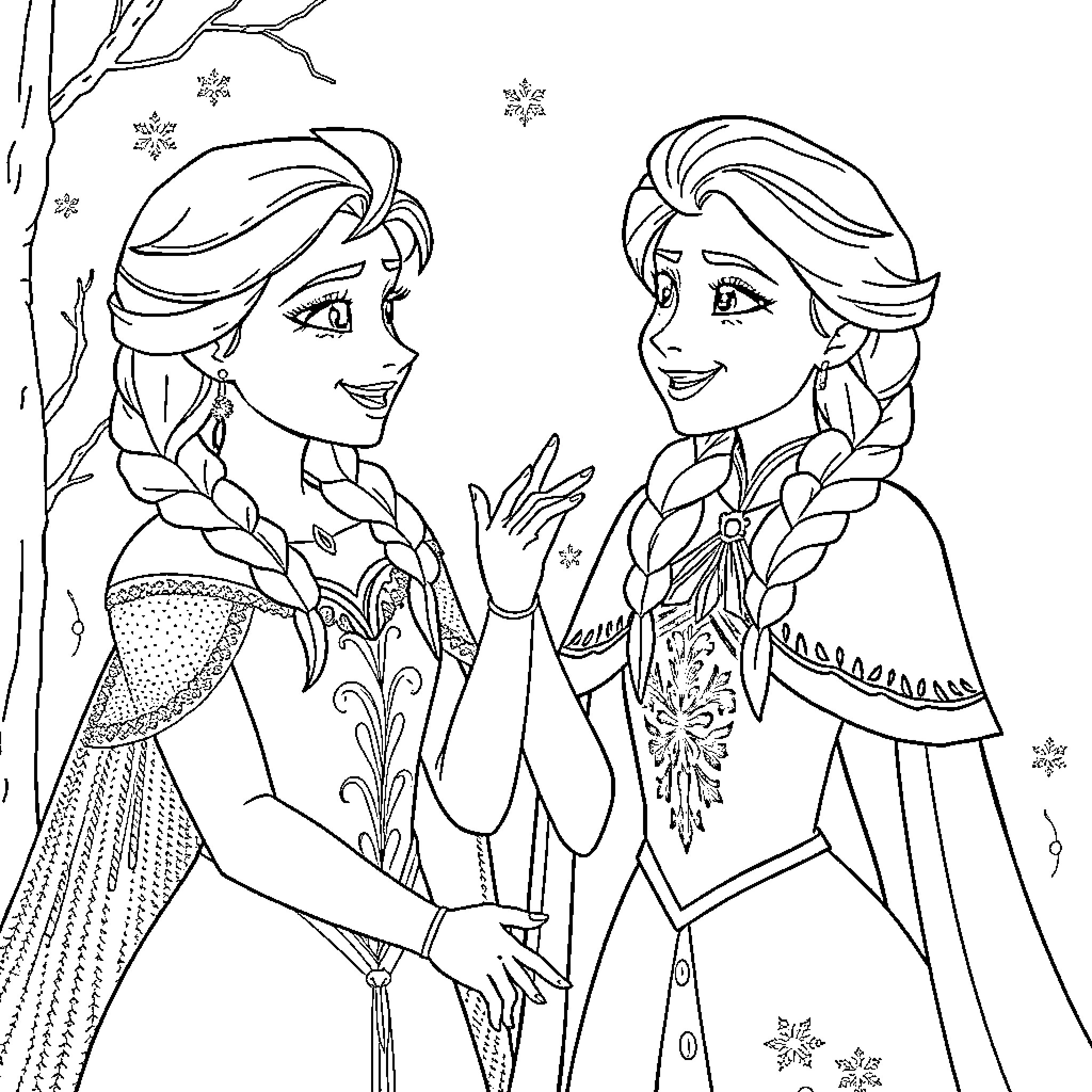 Elsa and Anna enjoying a winter wonderland Coloring Page (free black-and-white line drawing printable PDF for all, from beginners to advanced learners, including children, teens, adults, and seniors)