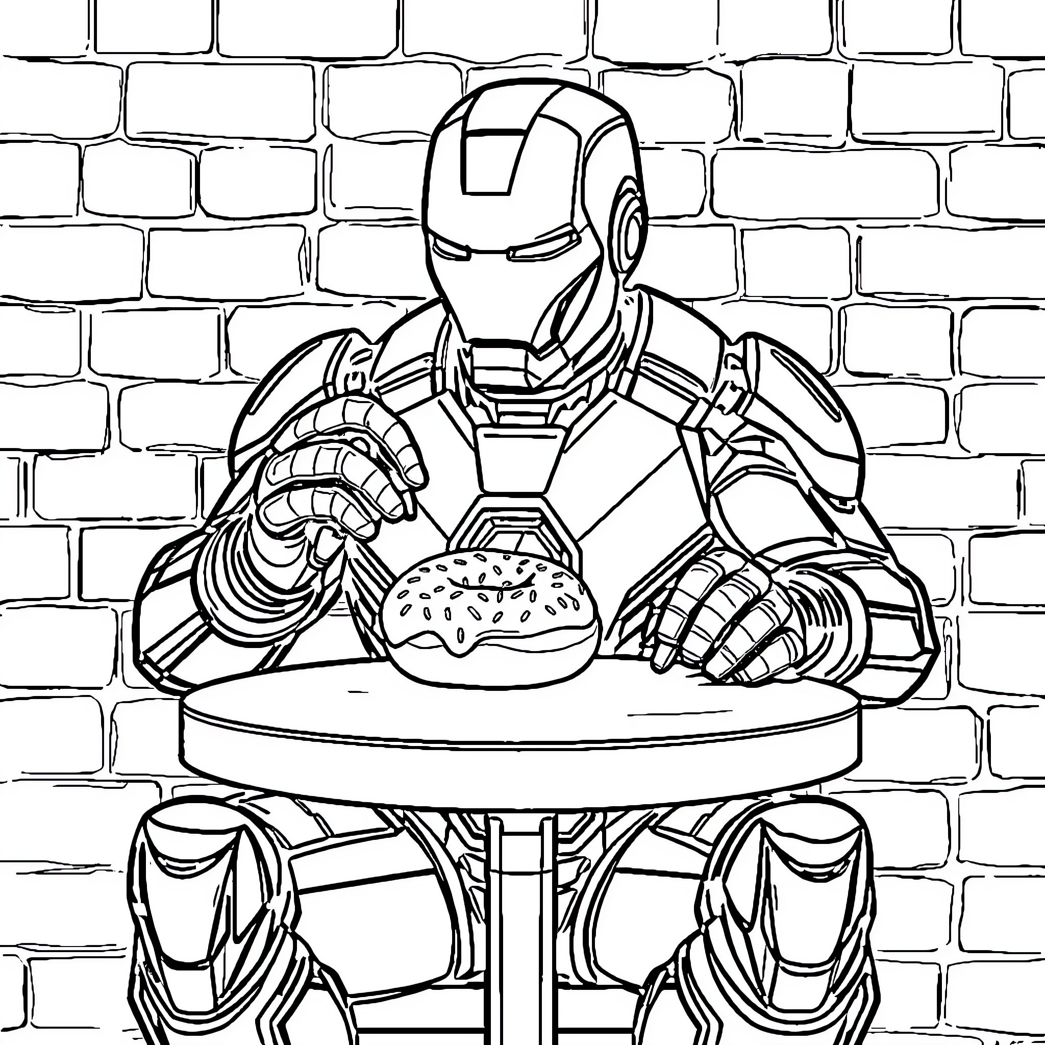 Iron Man enjoying a casual meal against a brick wall Coloring Page (free black-and-white line drawing printable PDF for all, from beginners to advanced learners, including children, teens, adults, and seniors)