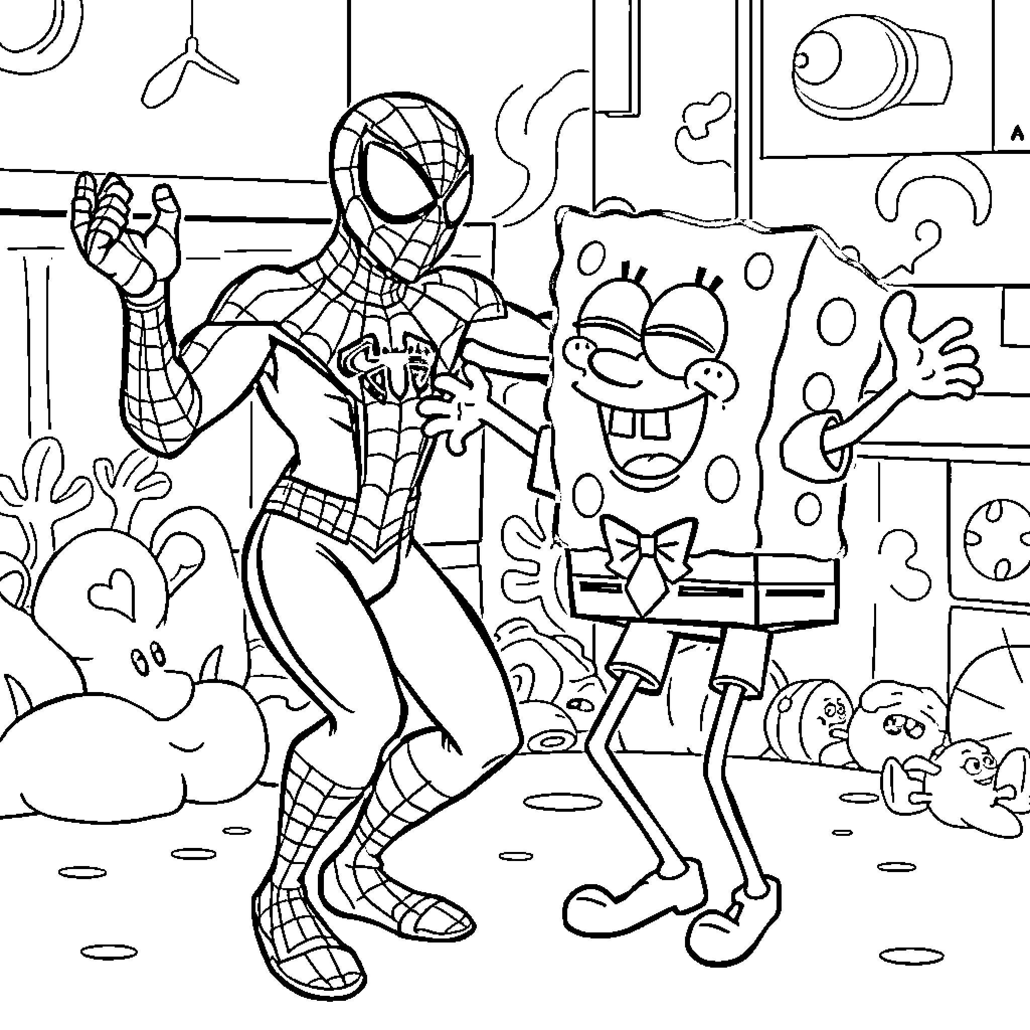 Spiderman and Spongebob's Silly Antics Coloring Page (free black-and-white line drawing printable PDF for all, from beginners to advanced learners, including children, teens, adults, and seniors)