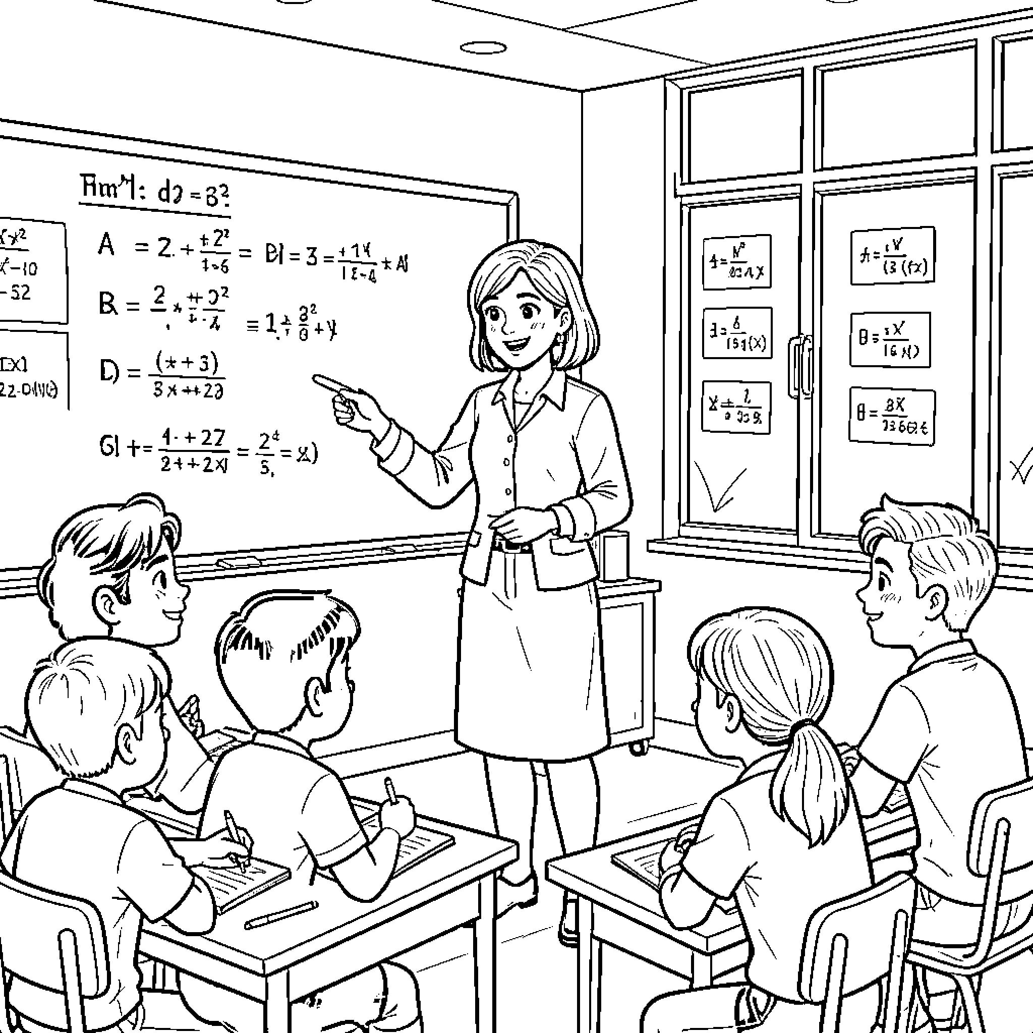 Teacher explains mathematical concepts to attentive students in classroom Coloring Page (free black-and-white line drawing printable PDF for all, from beginners to advanced learners, including children, teens, adults, and seniors)