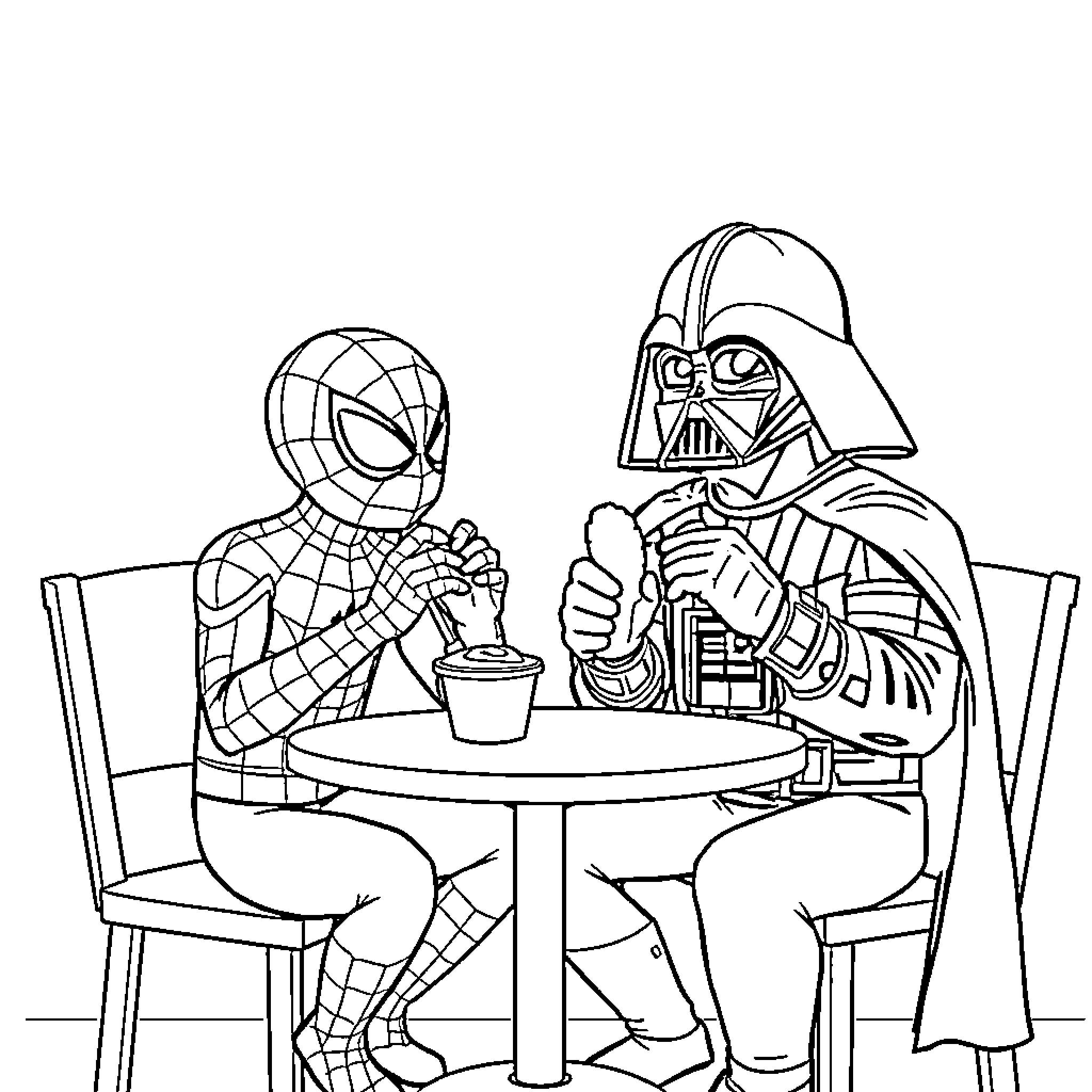 Spiderman and Darth Vader enjoying a casual conversation Coloring Page (free black-and-white line drawing printable PDF for all, from beginners to advanced learners, including children, teens, adults, and seniors)