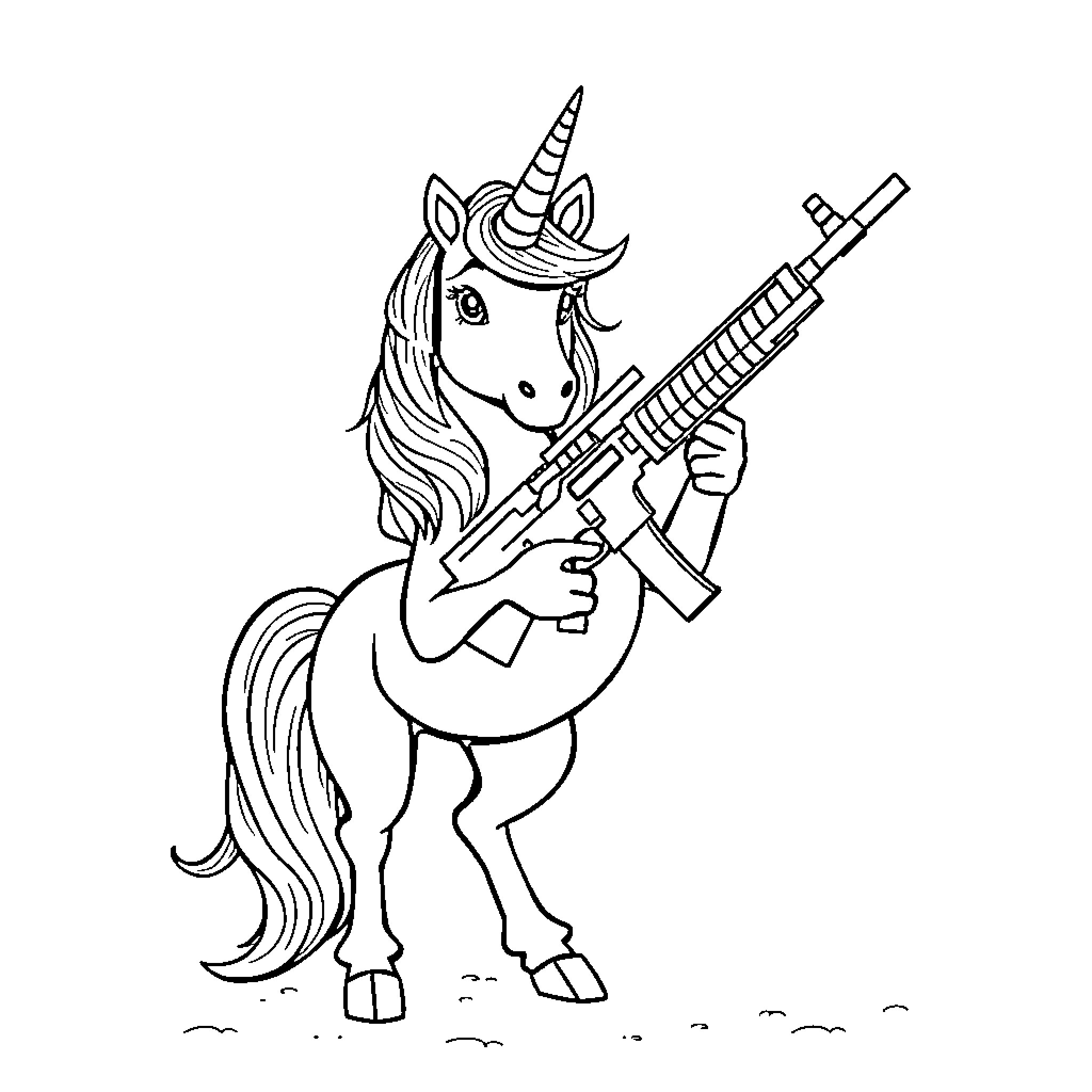 Unicorn wielding a futuristic weapon Coloring Page (free black-and-white line drawing printable PDF for all, from beginners to advanced learners, including children, teens, adults, and seniors)