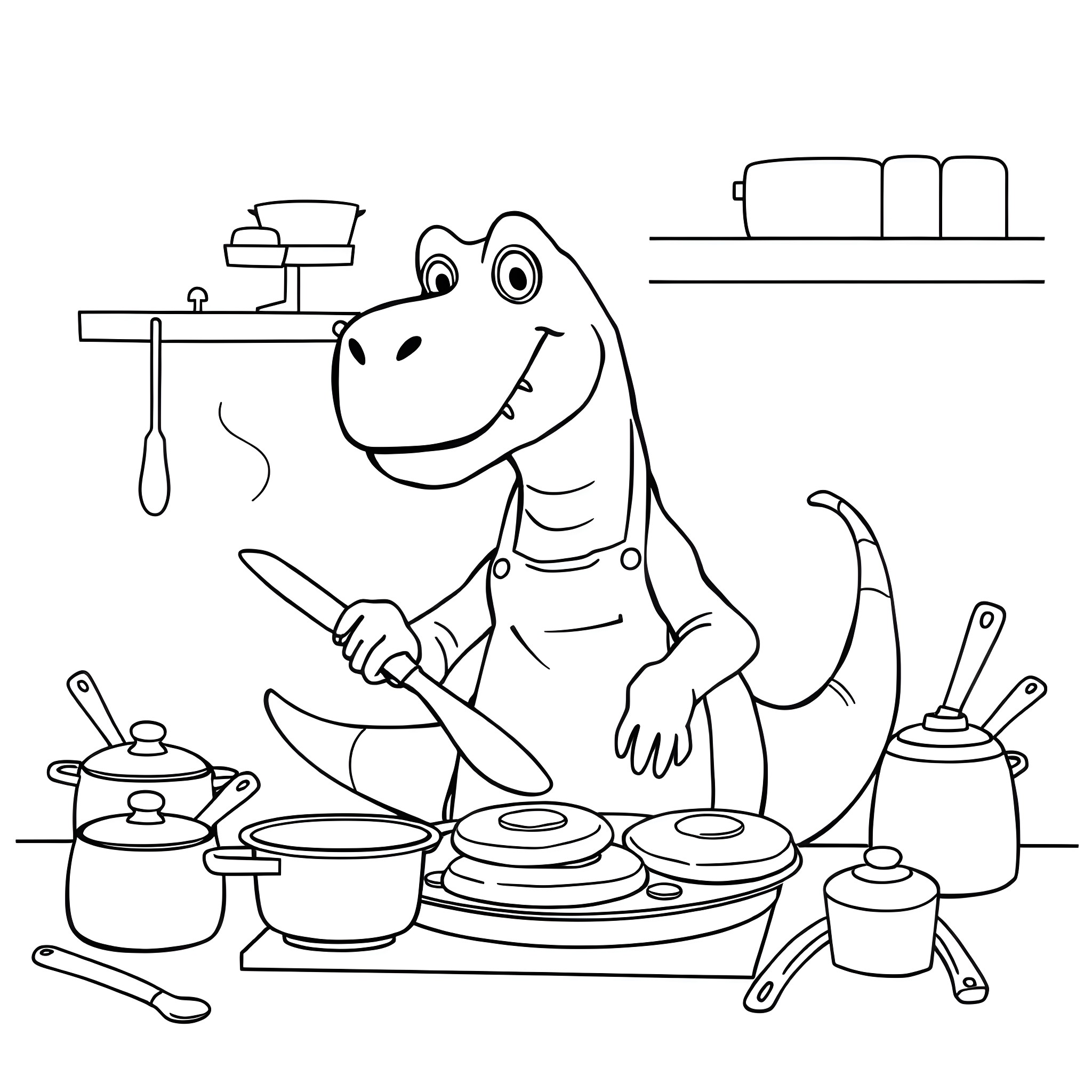 Dinosaur chef cooking in the kitchen Coloring Page (free black-and-white line drawing printable PDF for all, from beginners to advanced learners, including children, teens, adults, and seniors)