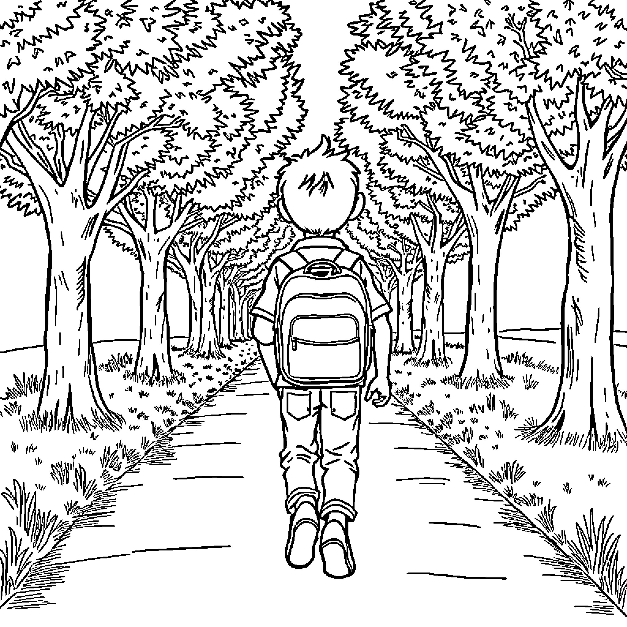 Boy walking alone on a forest trail Coloring Page (free black-and-white line drawing printable PDF for all, from beginners to advanced learners, including children, teens, adults, and seniors)