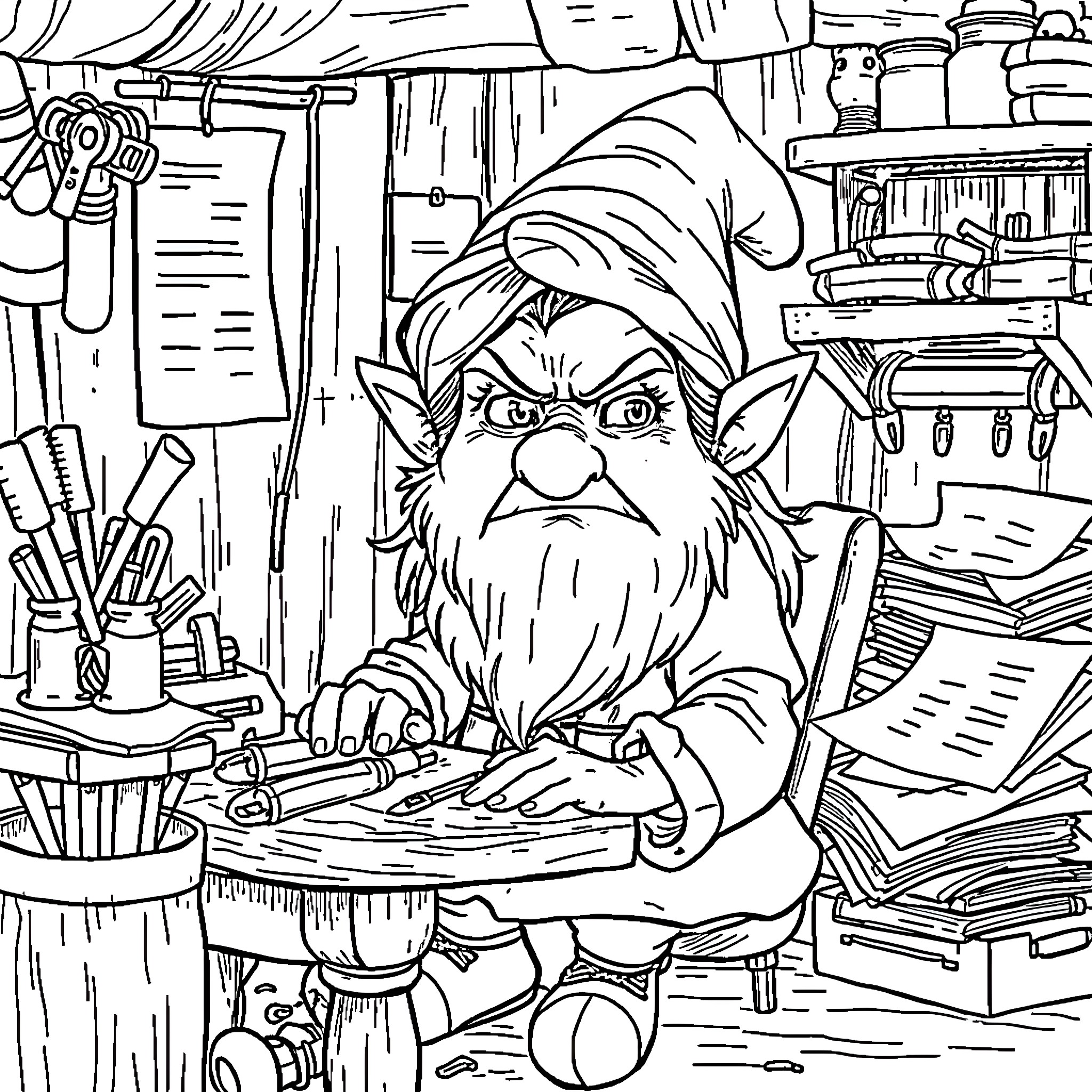 Dwarf Craftsman at Work in Workshop Coloring Page (free black-and-white line drawing printable PDF for all, from beginners to advanced learners, including children, teens, adults, and seniors)