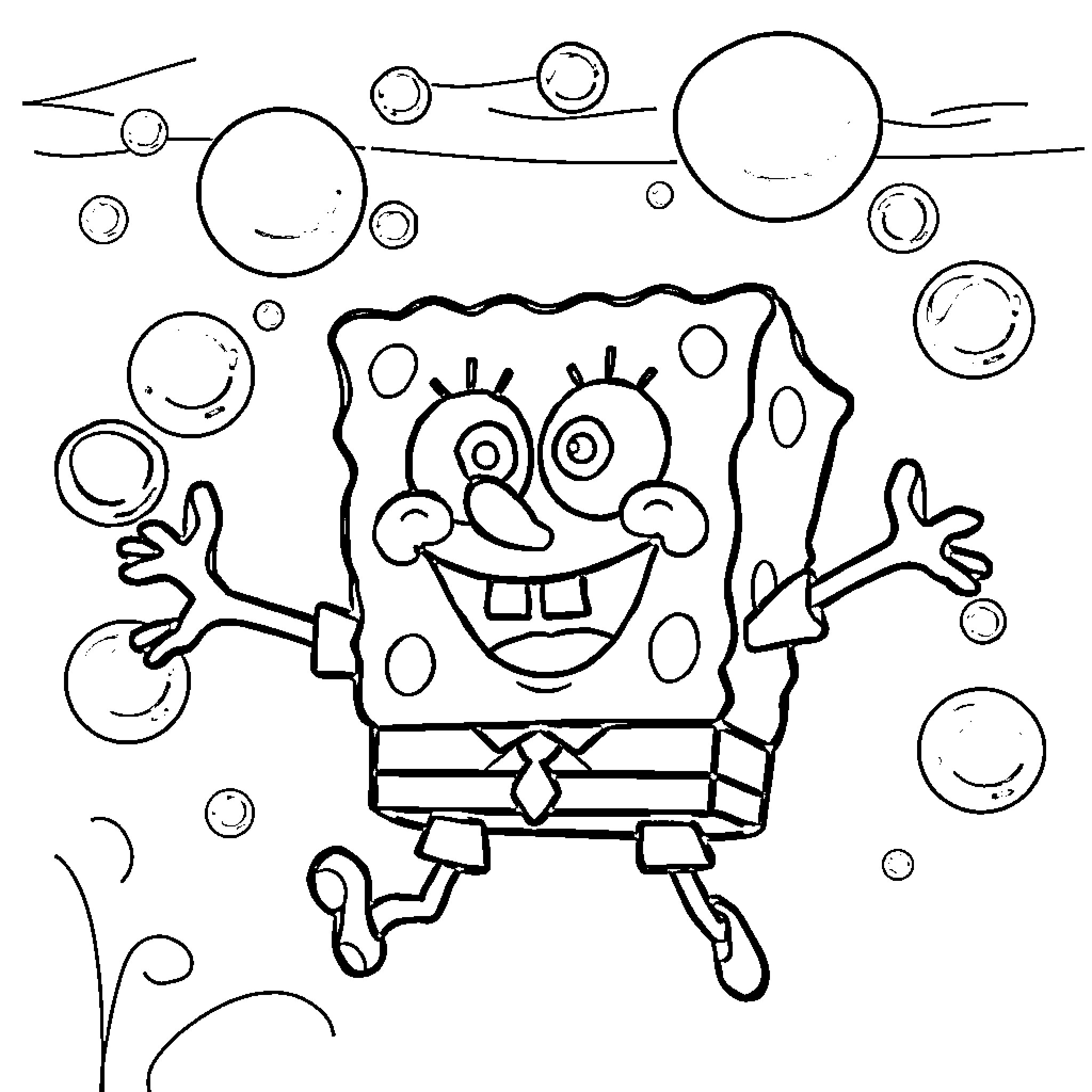 Spongebob jumping joyfully surrounded by bubbles Coloring Page (free black-and-white line drawing printable PDF for all, from beginners to advanced learners, including children, teens, adults, and seniors)