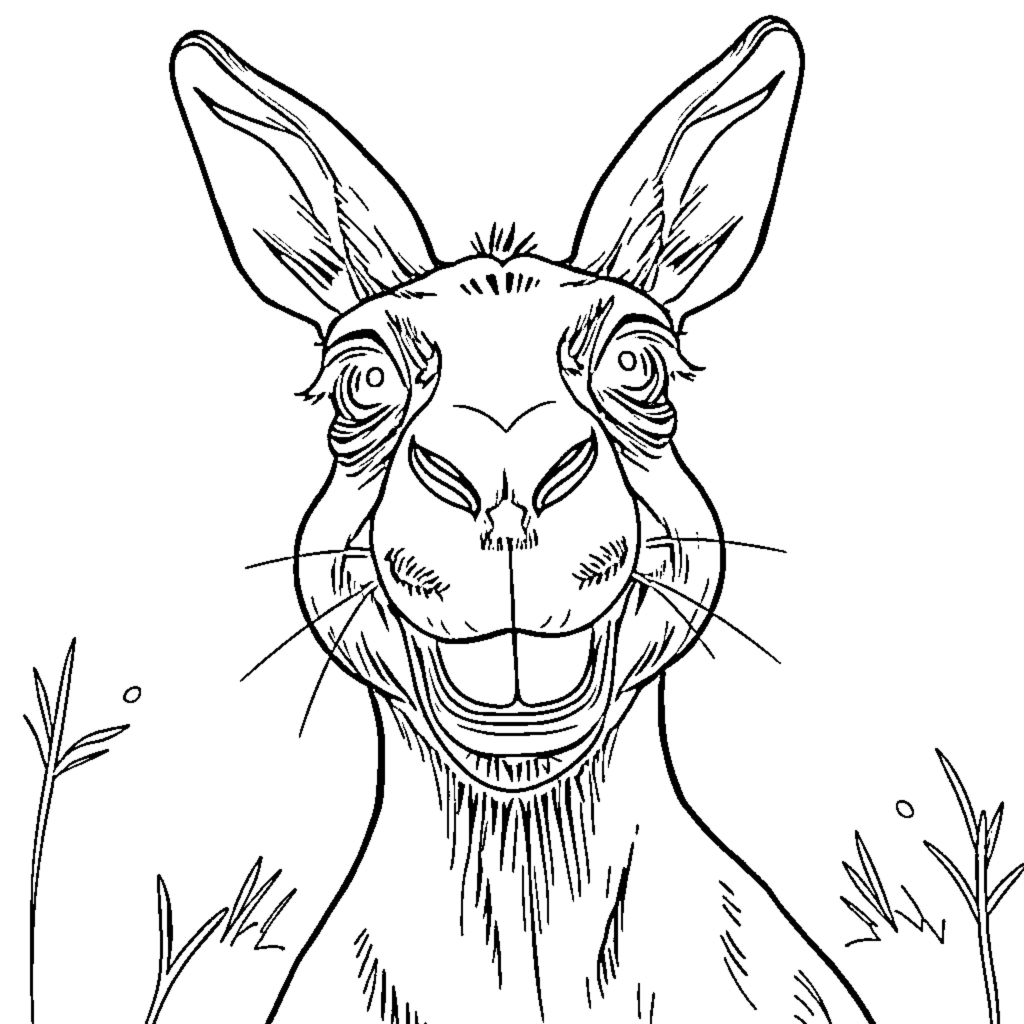 Kangaroo with an expressive face and grass surroundings Coloring Page (free black-and-white line drawing printable PDF for all, from beginners to advanced learners, including children, teens, adults, and seniors)