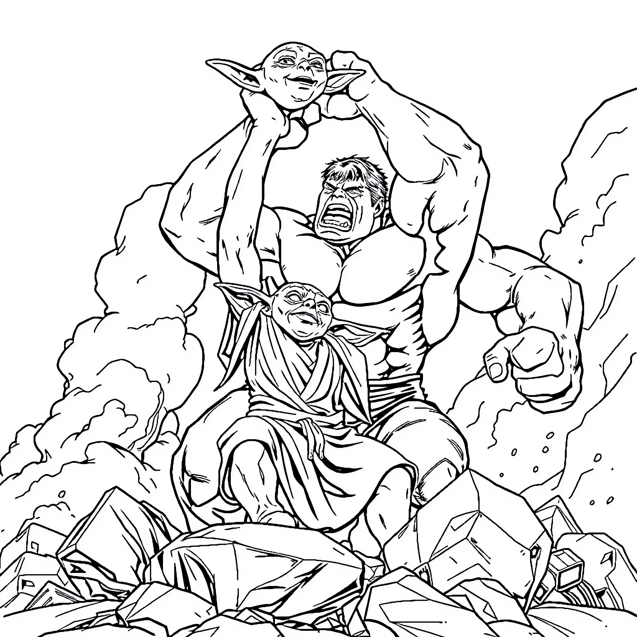 Hulk Battling Fierce Enemies Amid Destruction Coloring Page (free black-and-white line drawing printable PDF for all, from beginners to advanced learners, including children, teens, adults, and seniors)