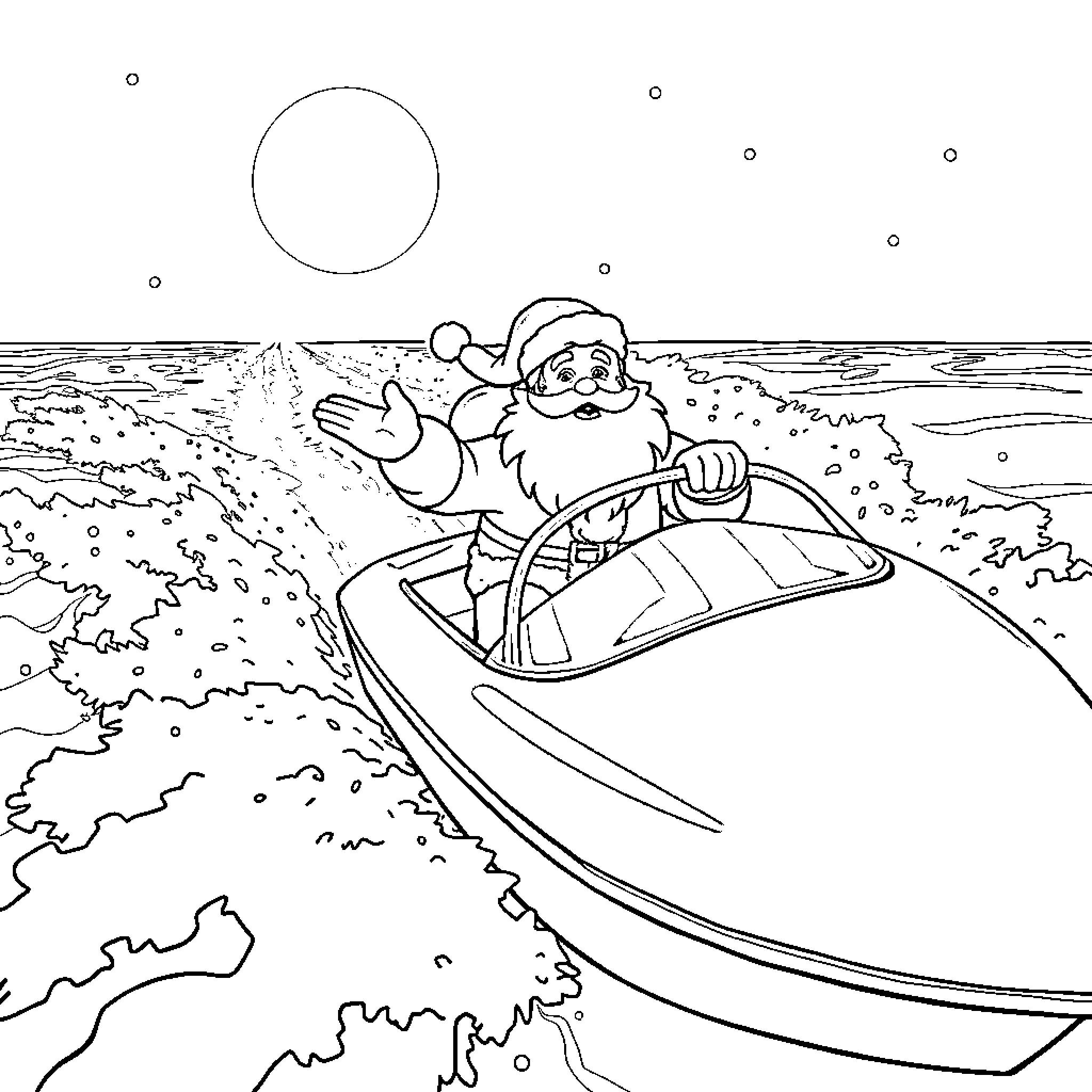 Santa riding a spaceship in the night sky Coloring Page (free black-and-white line drawing printable PDF for all, from beginners to advanced learners, including children, teens, adults, and seniors)