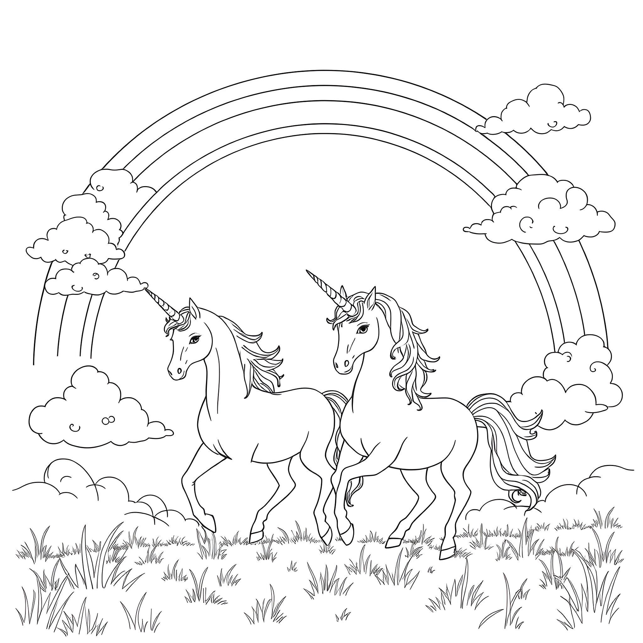 Unicorn companions frolicking under a rainbow Coloring Page (free black-and-white line drawing printable PDF for all, from beginners to advanced learners, including children, teens, adults, and seniors)
