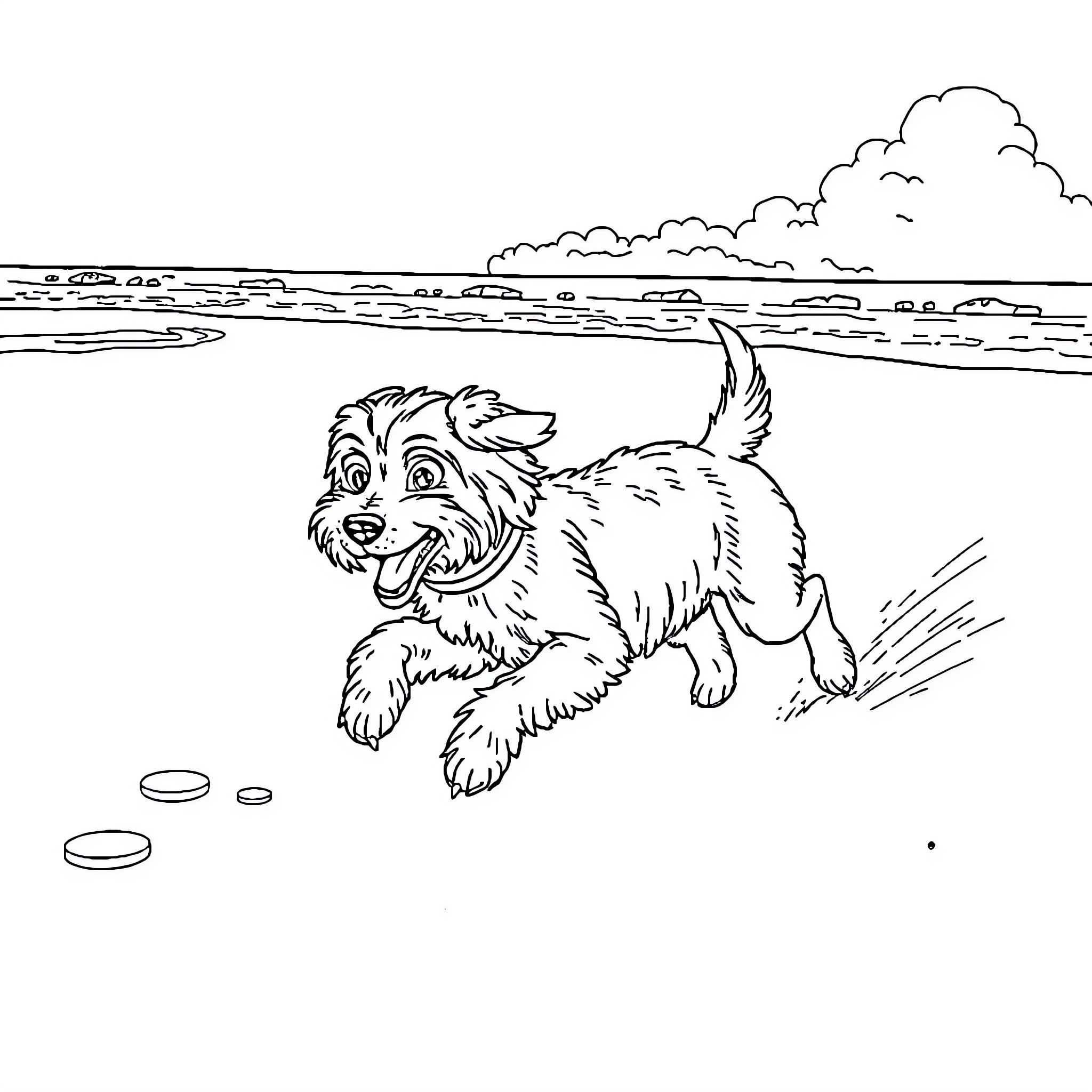 Cocker Pup Frolicking on the Beach Coloring Page (free black-and-white line drawing printable PDF for all, from beginners to advanced learners, including children, teens, adults, and seniors)