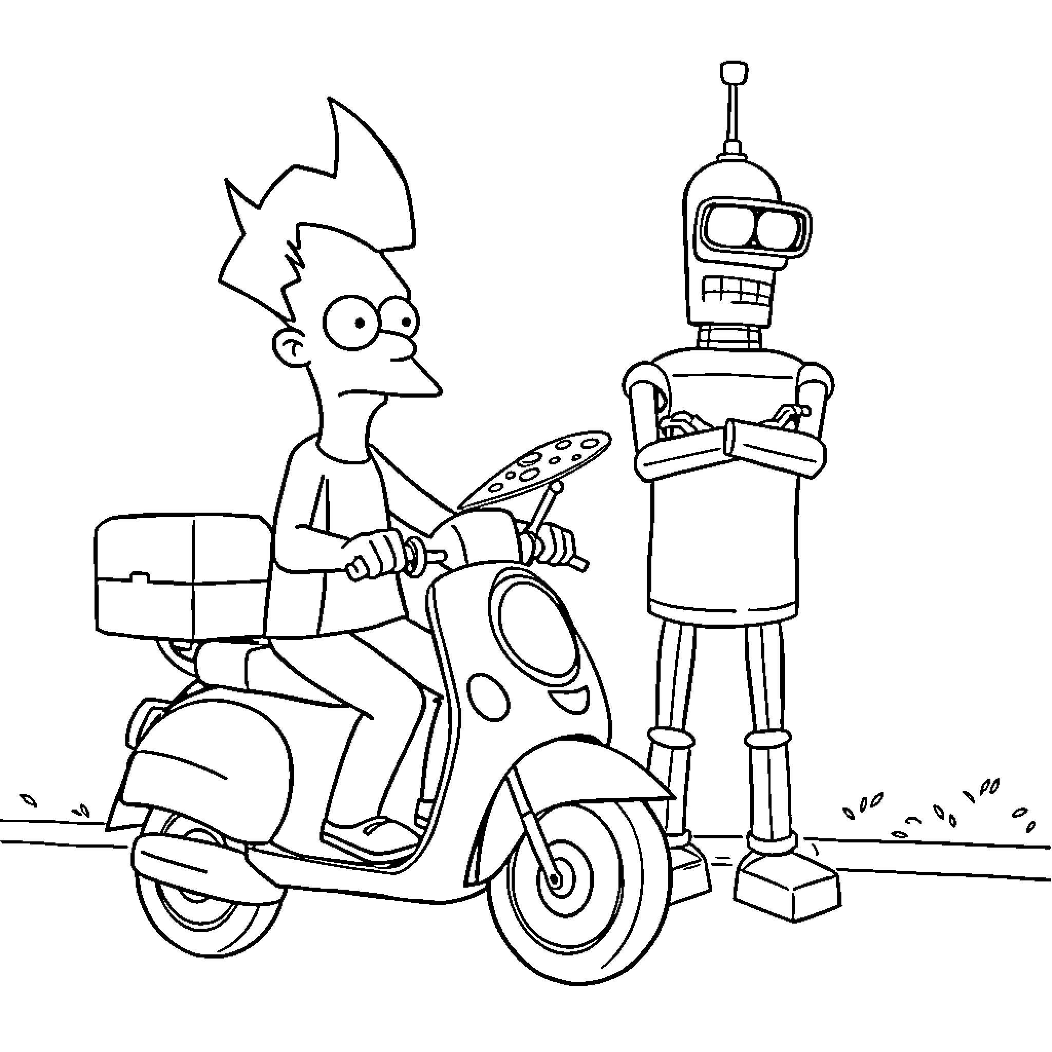 Fry riding a scooter with a robot companion Coloring Page (free black-and-white line drawing printable PDF for all, from beginners to advanced learners, including children, teens, adults, and seniors)