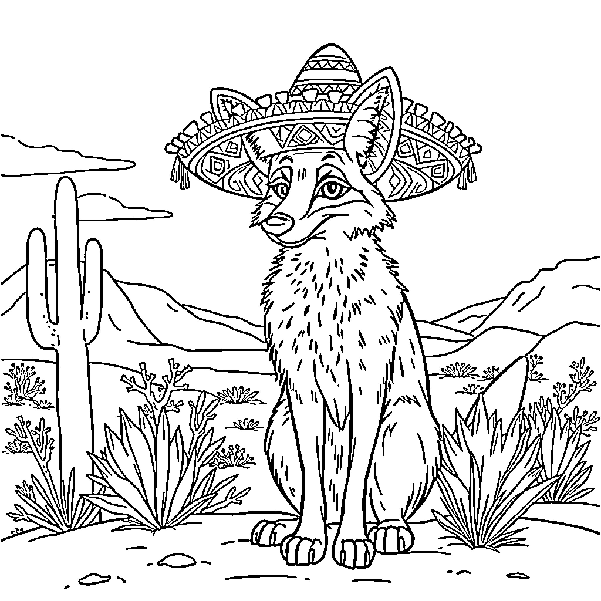 Coyote in a Sombrero Exploring a Desert Landscape Coloring Page (free black-and-white line drawing printable PDF for all, from beginners to advanced learners, including children, teens, adults, and seniors)