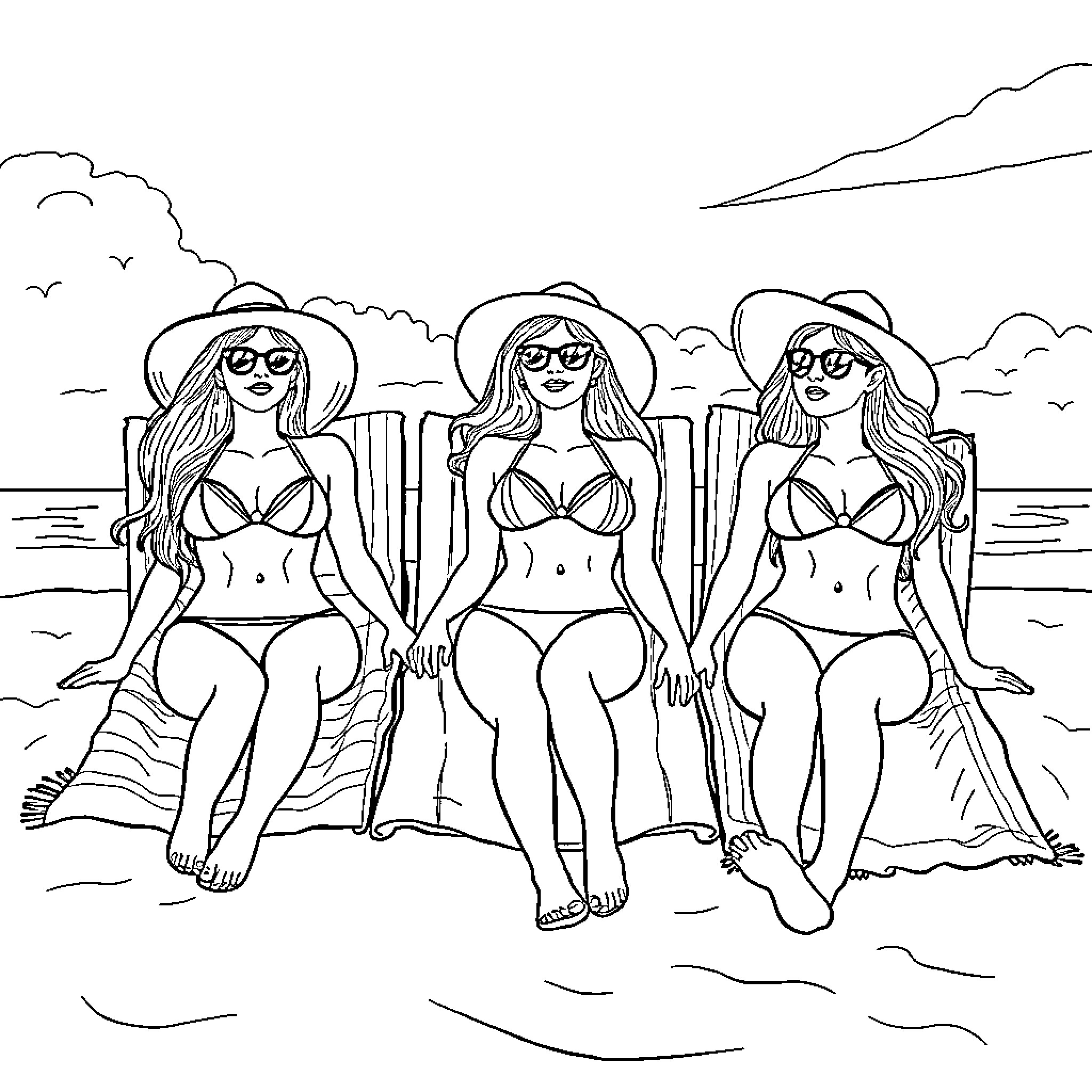 Bikini Model Enjoying the Beach with Friends Coloring Page (free black-and-white line drawing printable PDF for all, from beginners to advanced learners, including children, teens, adults, and seniors)