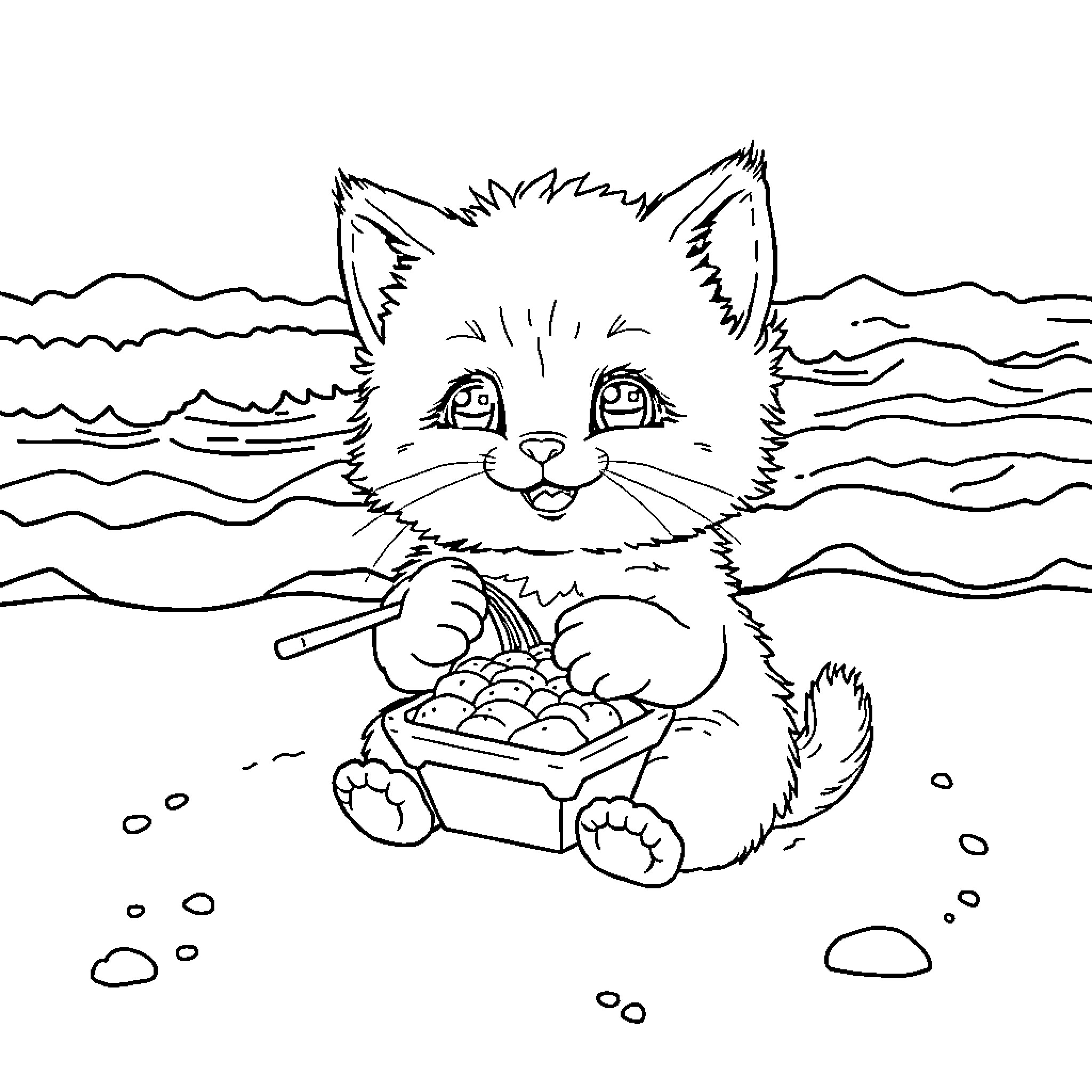 Kitten gathering eggs on the beach Coloring Page (free black-and-white line drawing printable PDF for all, from beginners to advanced learners, including children, teens, adults, and seniors)