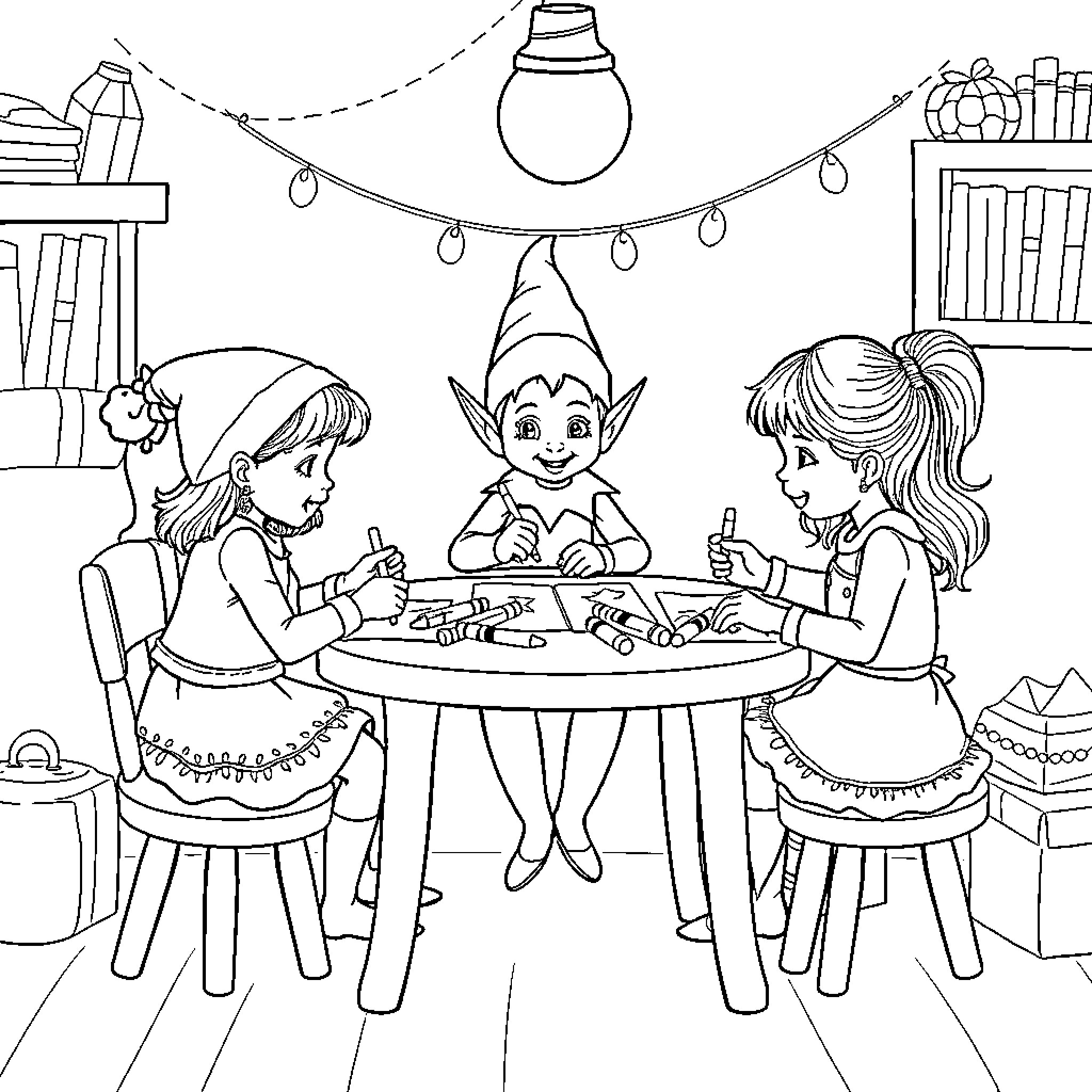Elf Friends Enjoying a Cozy Gathering Coloring Page (free black-and-white line drawing printable PDF for all, from beginners to advanced learners, including children, teens, adults, and seniors)