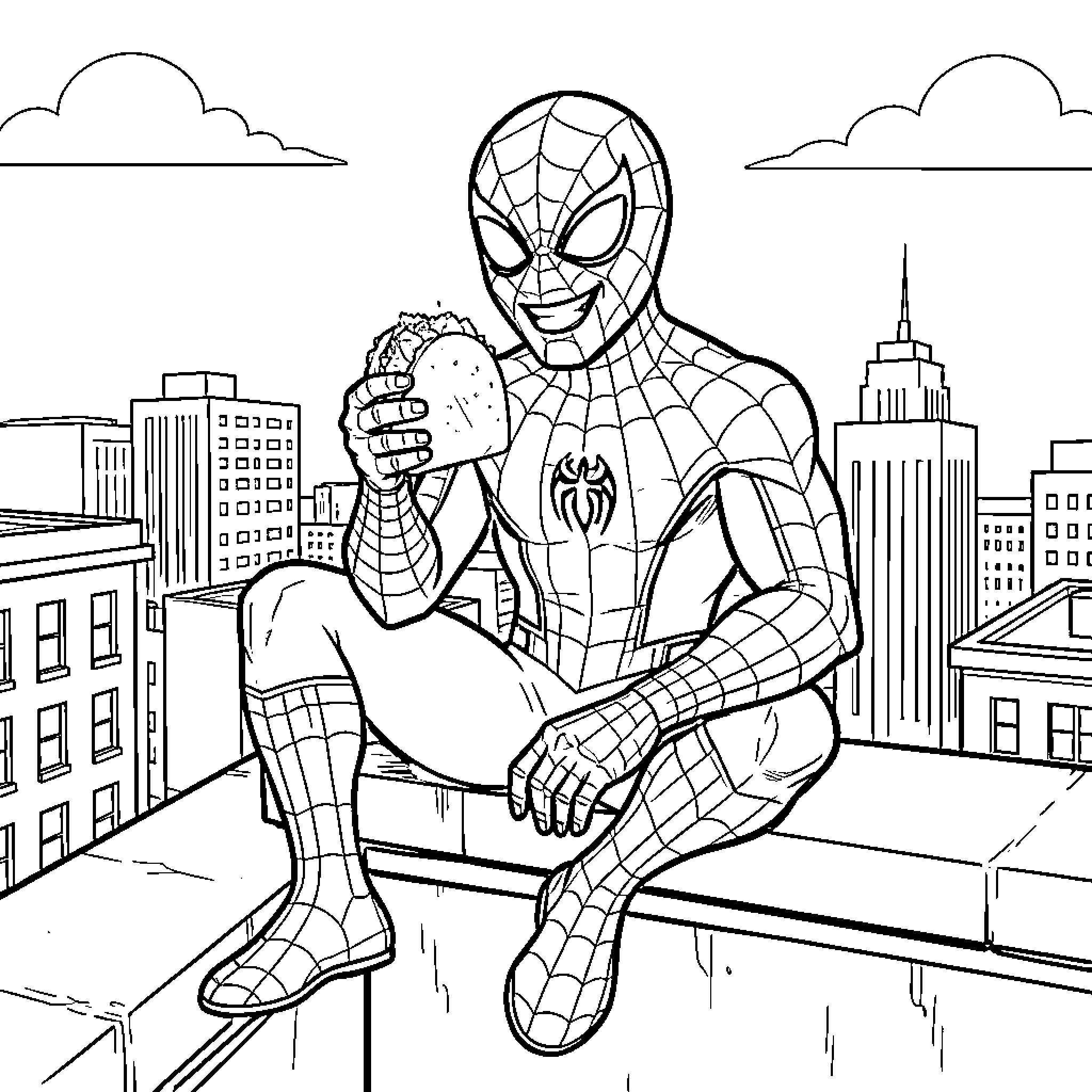 Spider-Man sitting on a rooftop eating a taco Coloring Page (free black-and-white line drawing printable PDF for all, from beginners to advanced learners, including children, teens, adults, and seniors)