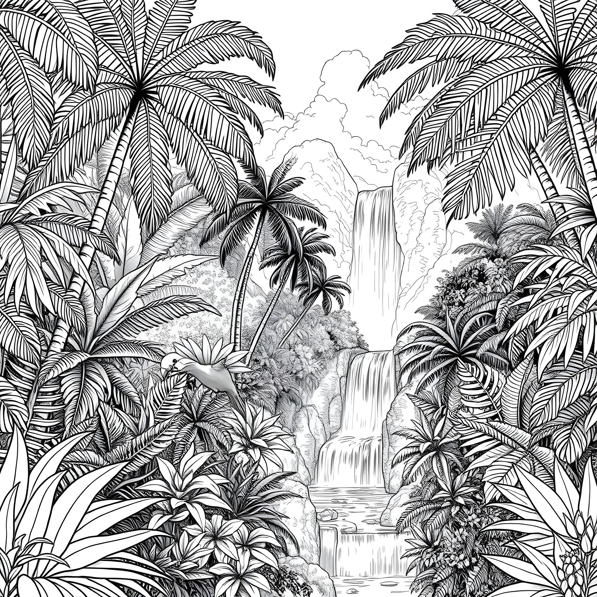 Rain Forest Tropical Waterfall Landscape Coloring Page (free black-and-white line drawing printable PDF for all, from beginners to advanced learners, including children, teens, adults, and seniors)