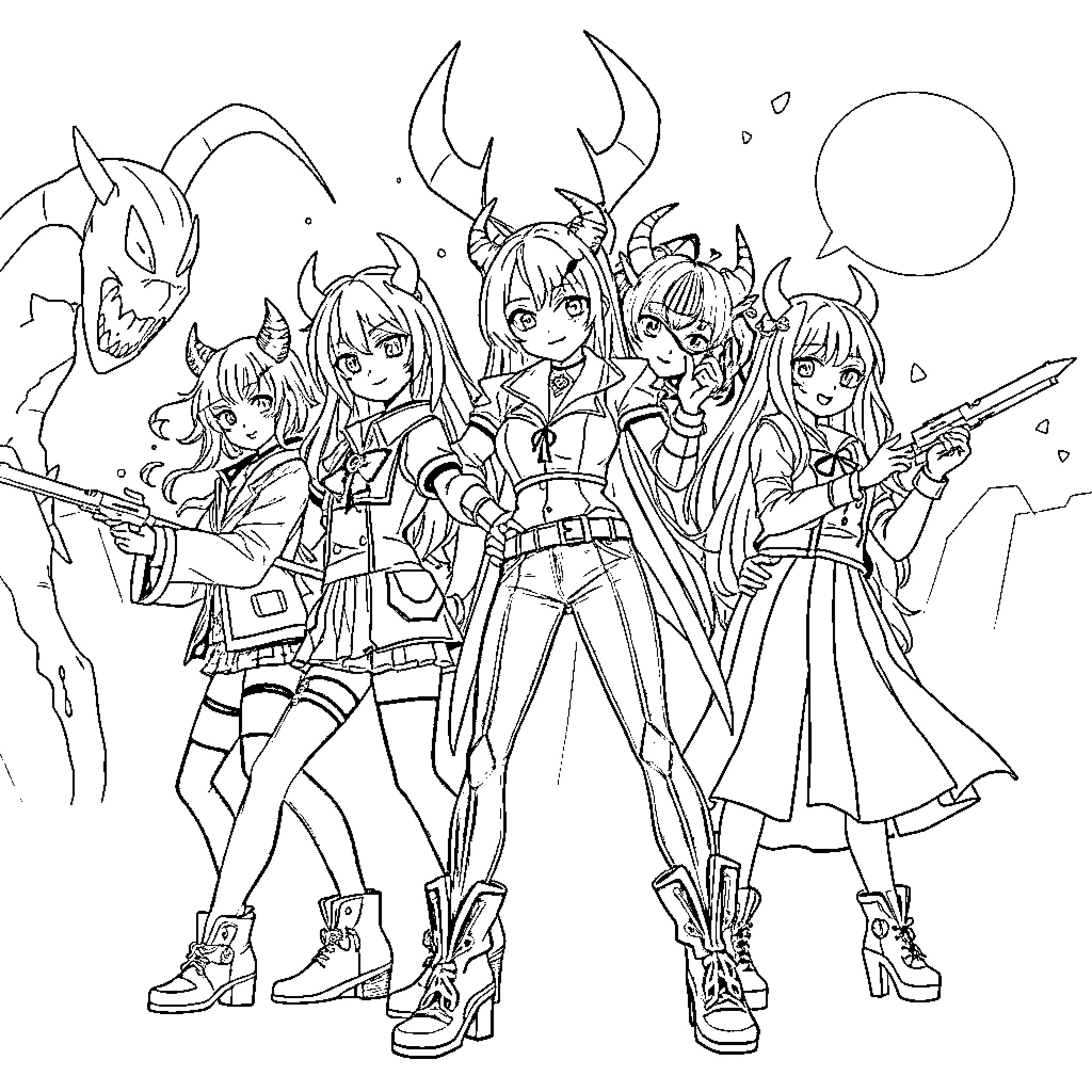 Mira's Anime-Inspired Adventurous Group Coloring Page (free black-and-white line drawing printable PDF for all, from beginners to advanced learners, including children, teens, adults, and seniors)