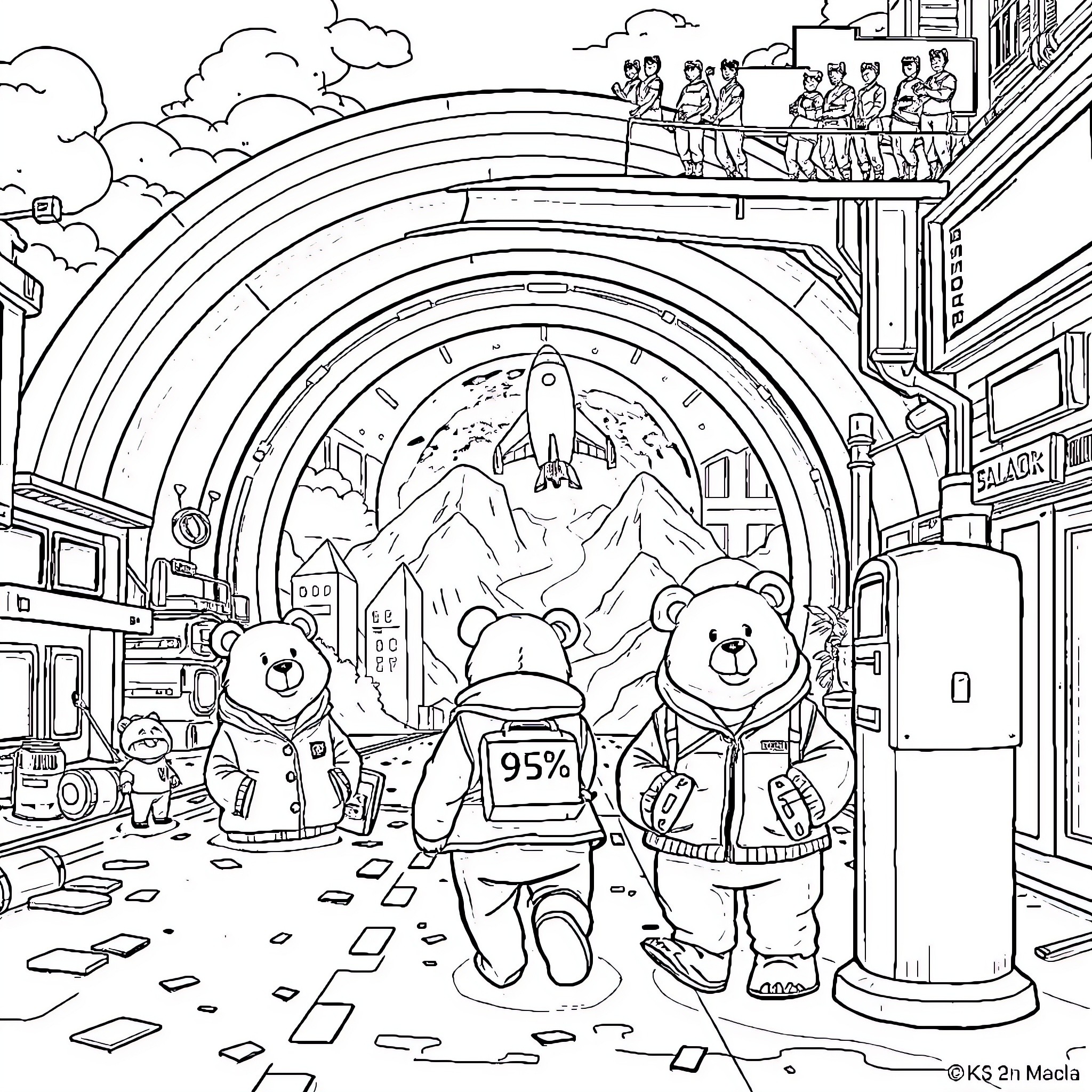 Bear adventure in a futuristic city landscape Coloring Page (free black-and-white line drawing printable PDF for all, from beginners to advanced learners, including children, teens, adults, and seniors)
