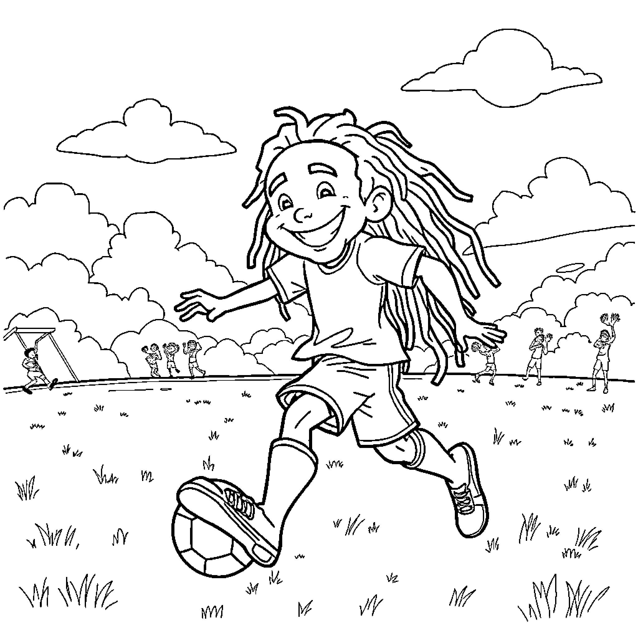 Bob Marley playing soccer joyfully in the park Coloring Page (free black-and-white line drawing printable PDF for all, from beginners to advanced learners, including children, teens, adults, and seniors)
