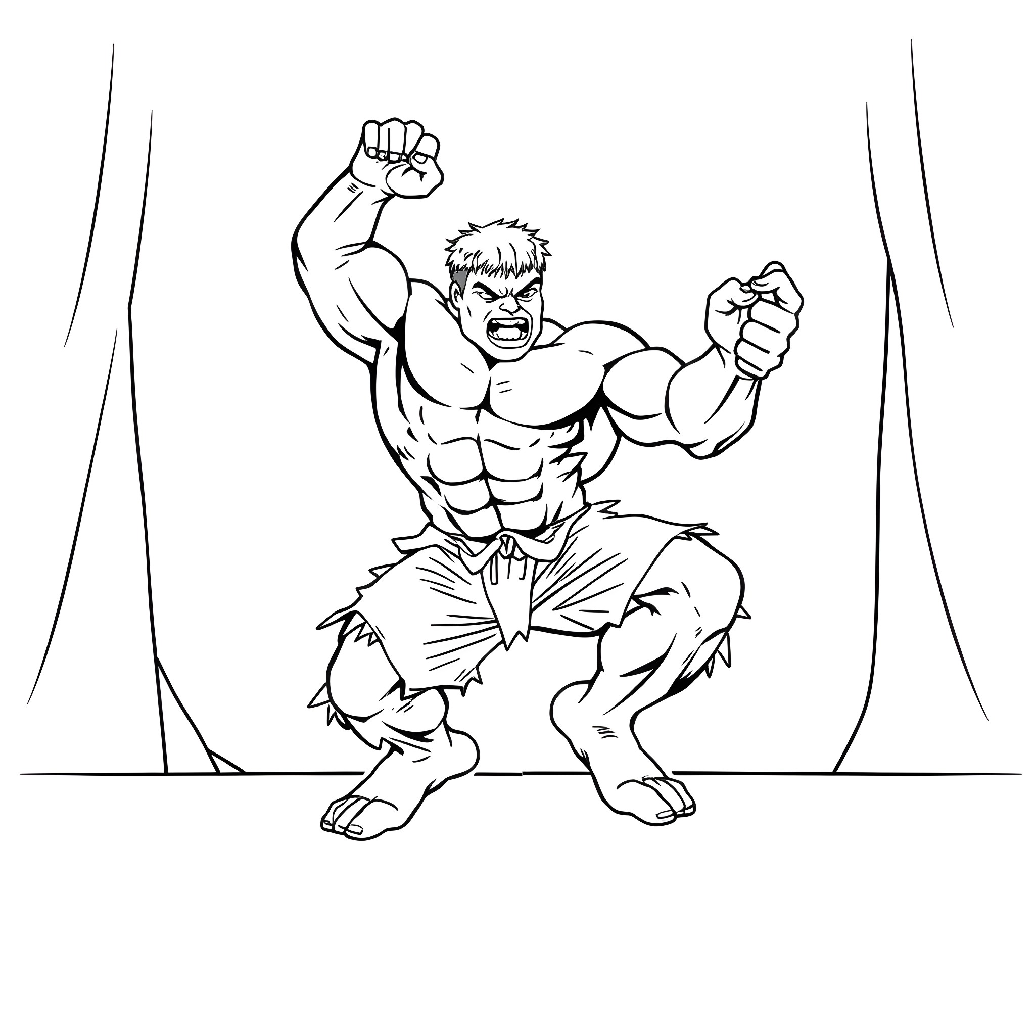 Hulk Unleashing Powerful Fists in Fierce Pose Coloring Page (free black-and-white line drawing printable PDF for all, from beginners to advanced learners, including children, teens, adults, and seniors)