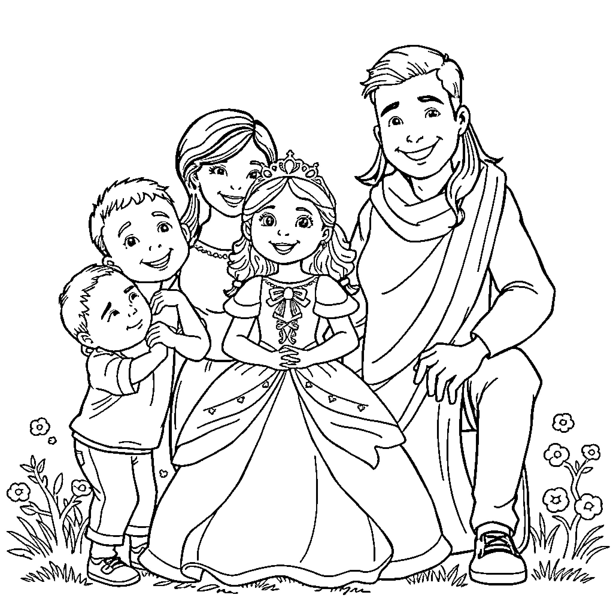 Princess with Family in Nature Coloring Page (free black-and-white line drawing printable PDF for all, from beginners to advanced learners, including children, teens, adults, and seniors)