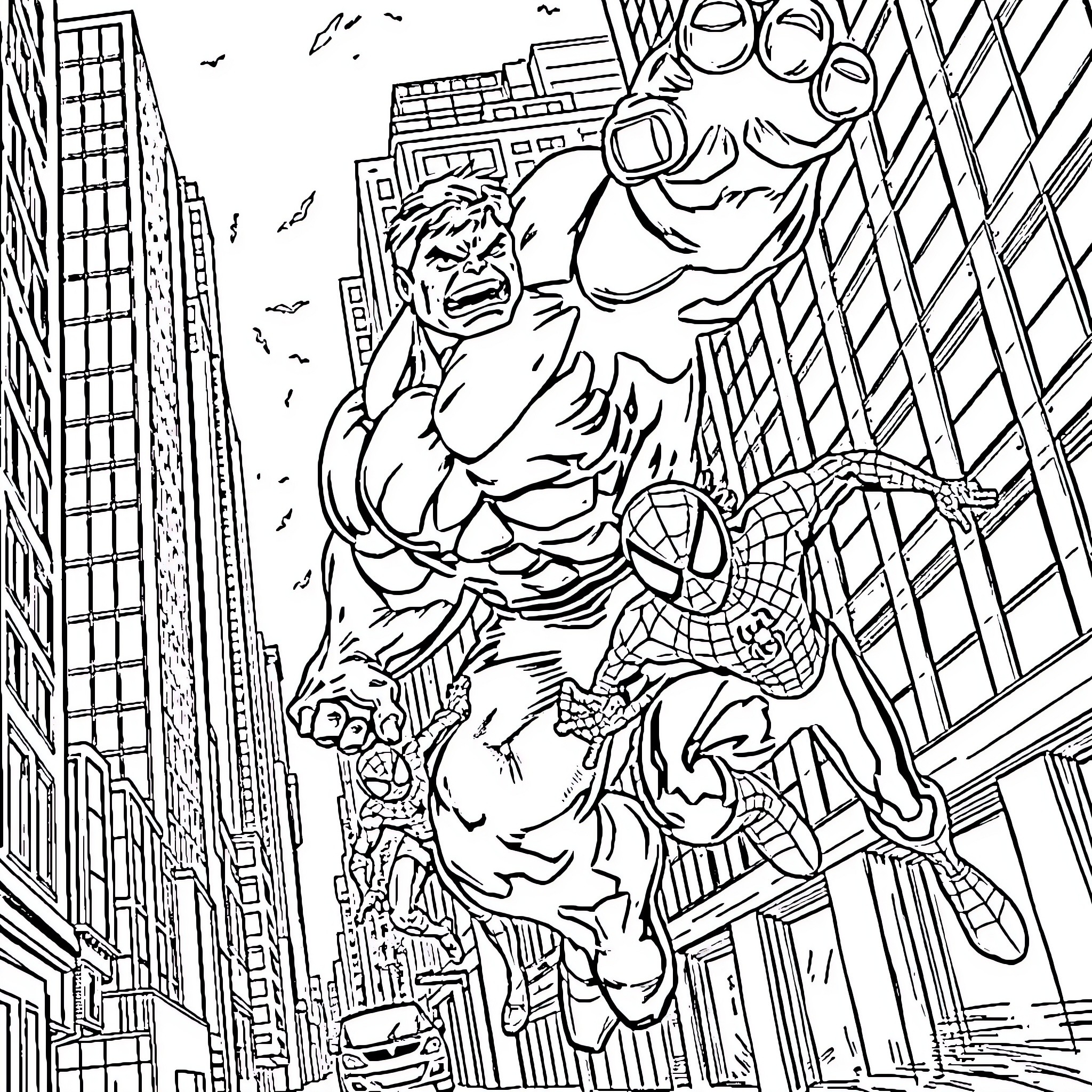 Spidey swinging through the city Coloring Page (free black-and-white line drawing printable PDF for all, from beginners to advanced learners, including children, teens, adults, and seniors)