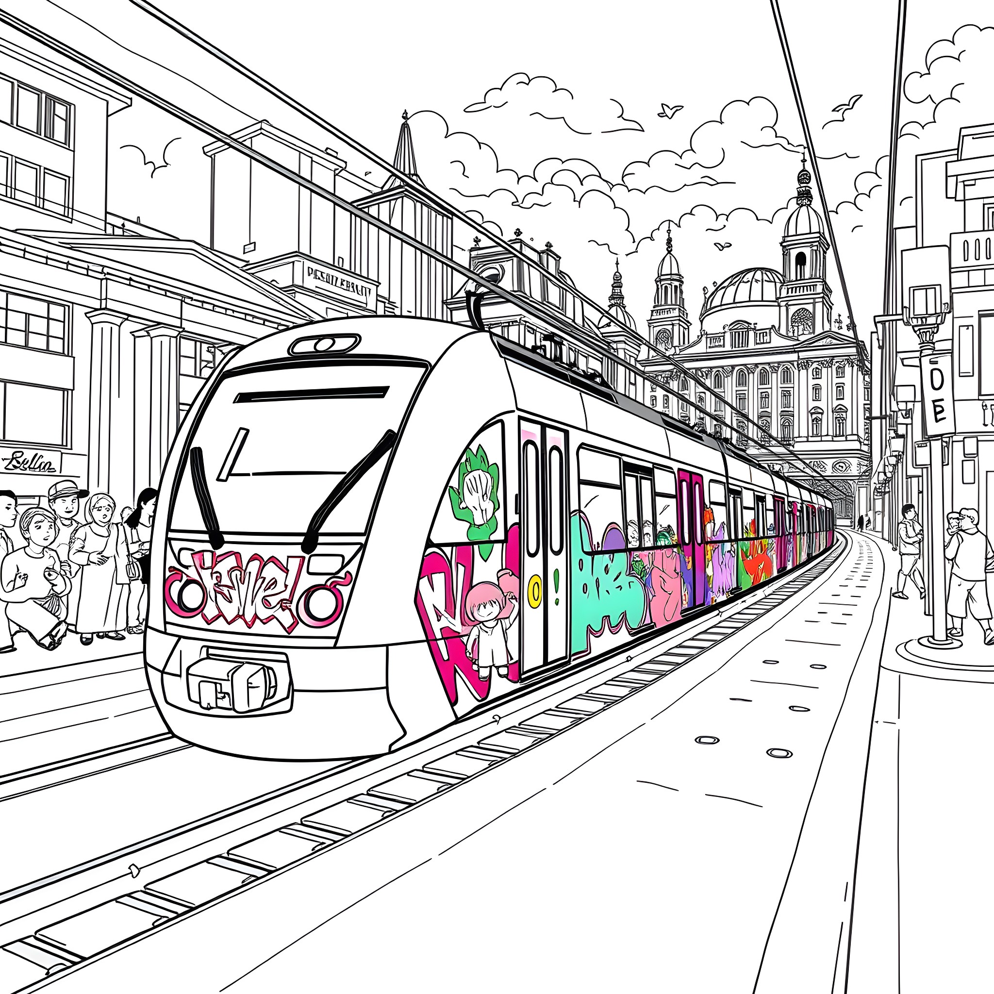 Train with colorful graffiti through city streets Coloring Page (free black-and-white line drawing printable PDF for all, from beginners to advanced learners, including children, teens, adults, and seniors)