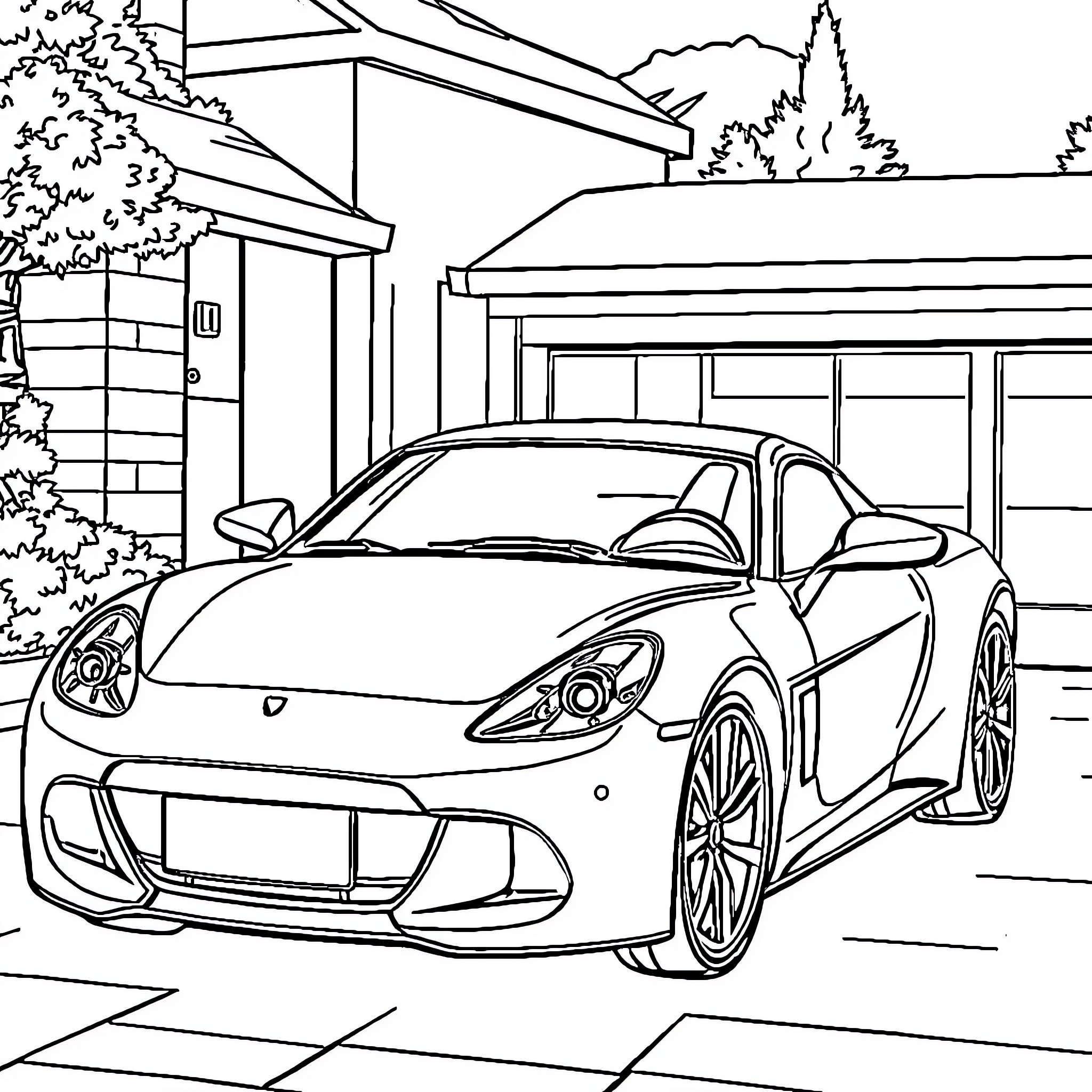 Car parked in driveway near modern home Coloring Page (free black-and-white line drawing printable PDF for all, from beginners to advanced learners, including children, teens, adults, and seniors)