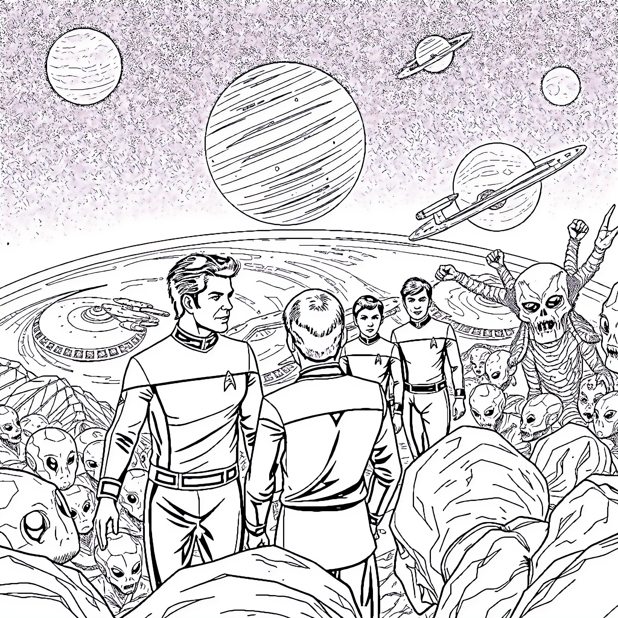 Star Trek characters exploring an alien planet Coloring Page (free black-and-white line drawing printable PDF for all, from beginners to advanced learners, including children, teens, adults, and seniors)