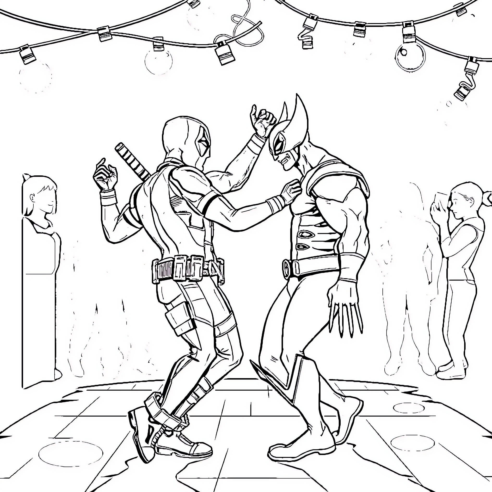 Deadpool fighting with Wolverine under party lights Coloring Page (free black-and-white line drawing printable PDF for all, from beginners to advanced learners, including children, teens, adults, and seniors)
