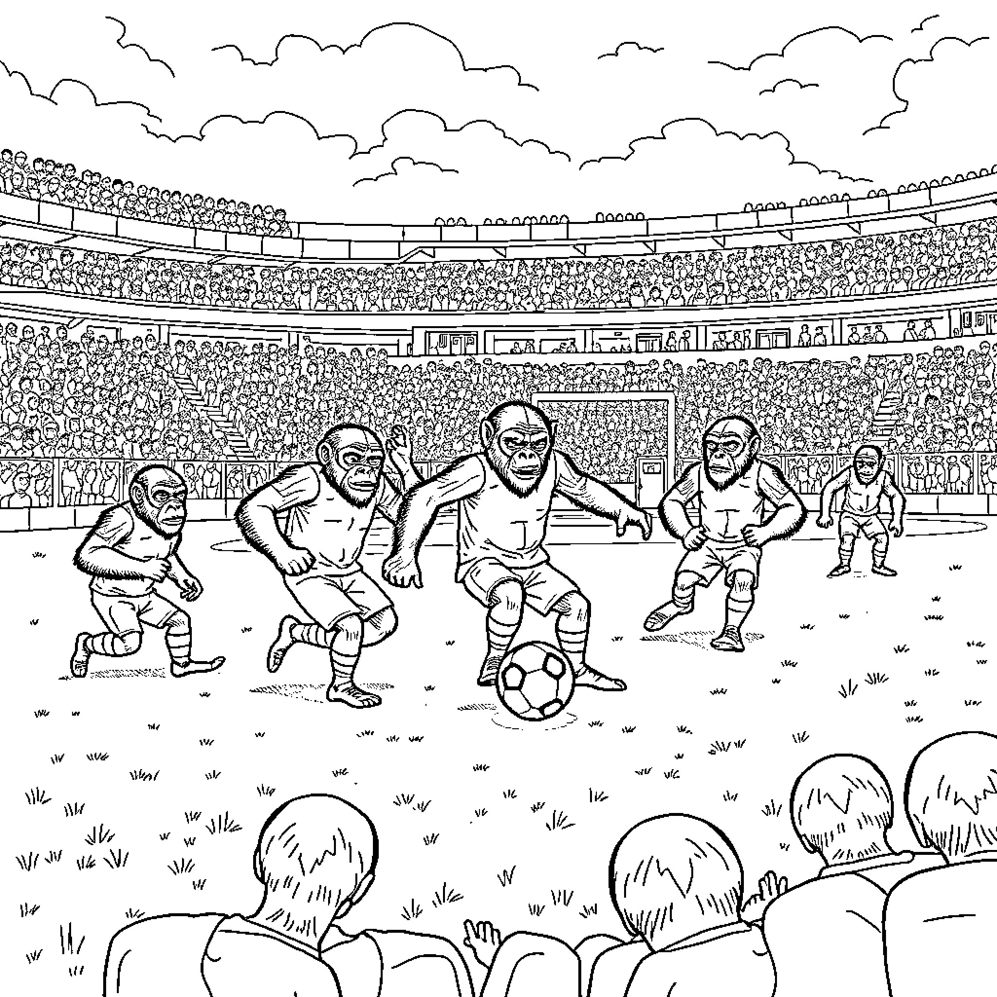 Ape players in a lively football match Coloring Page (free black-and-white line drawing printable PDF for all, from beginners to advanced learners, including children, teens, adults, and seniors)