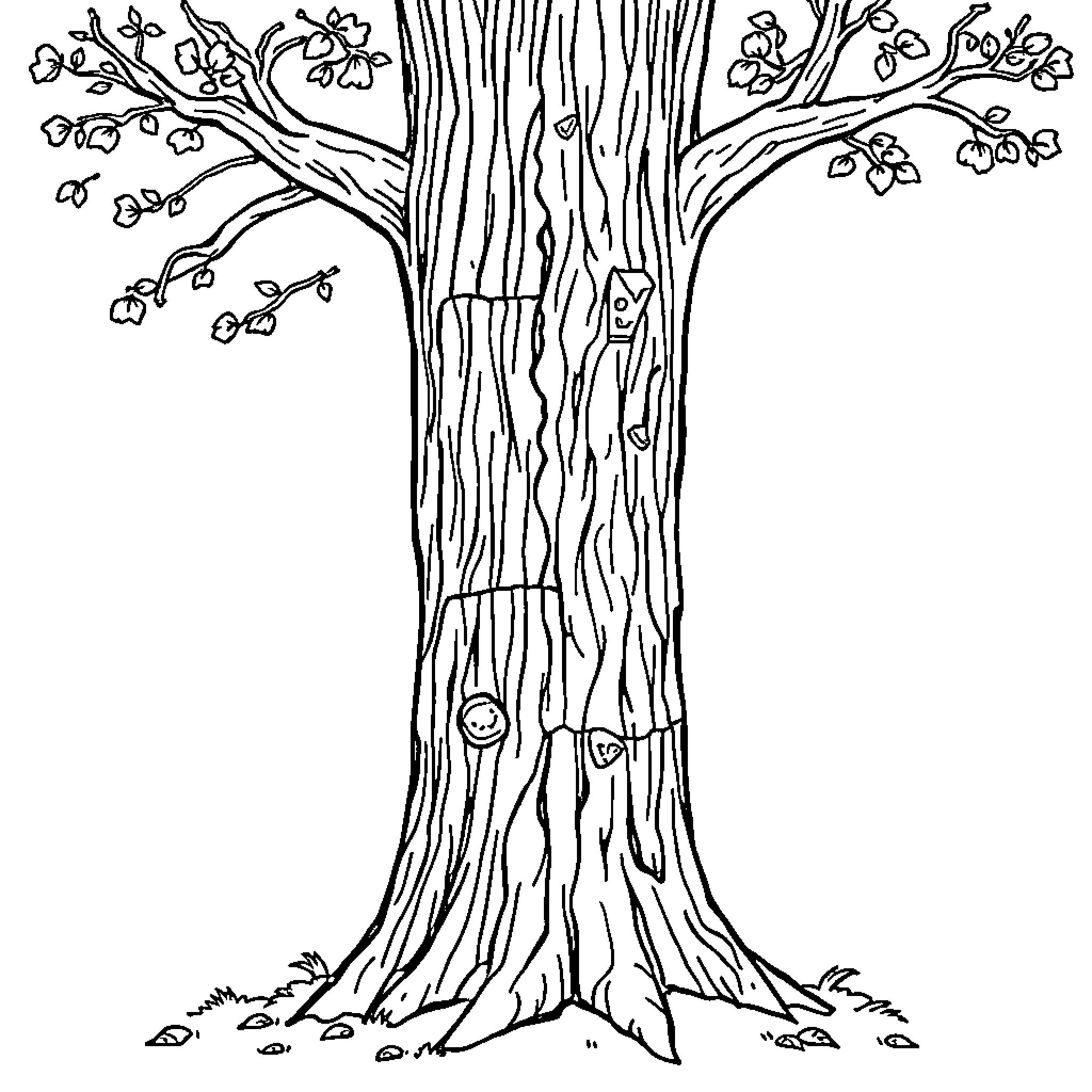 Tree with Intricate Bark and Budding Branches Coloring Page (free black-and-white line drawing printable PDF for all, from beginners to advanced learners, including children, teens, adults, and seniors)