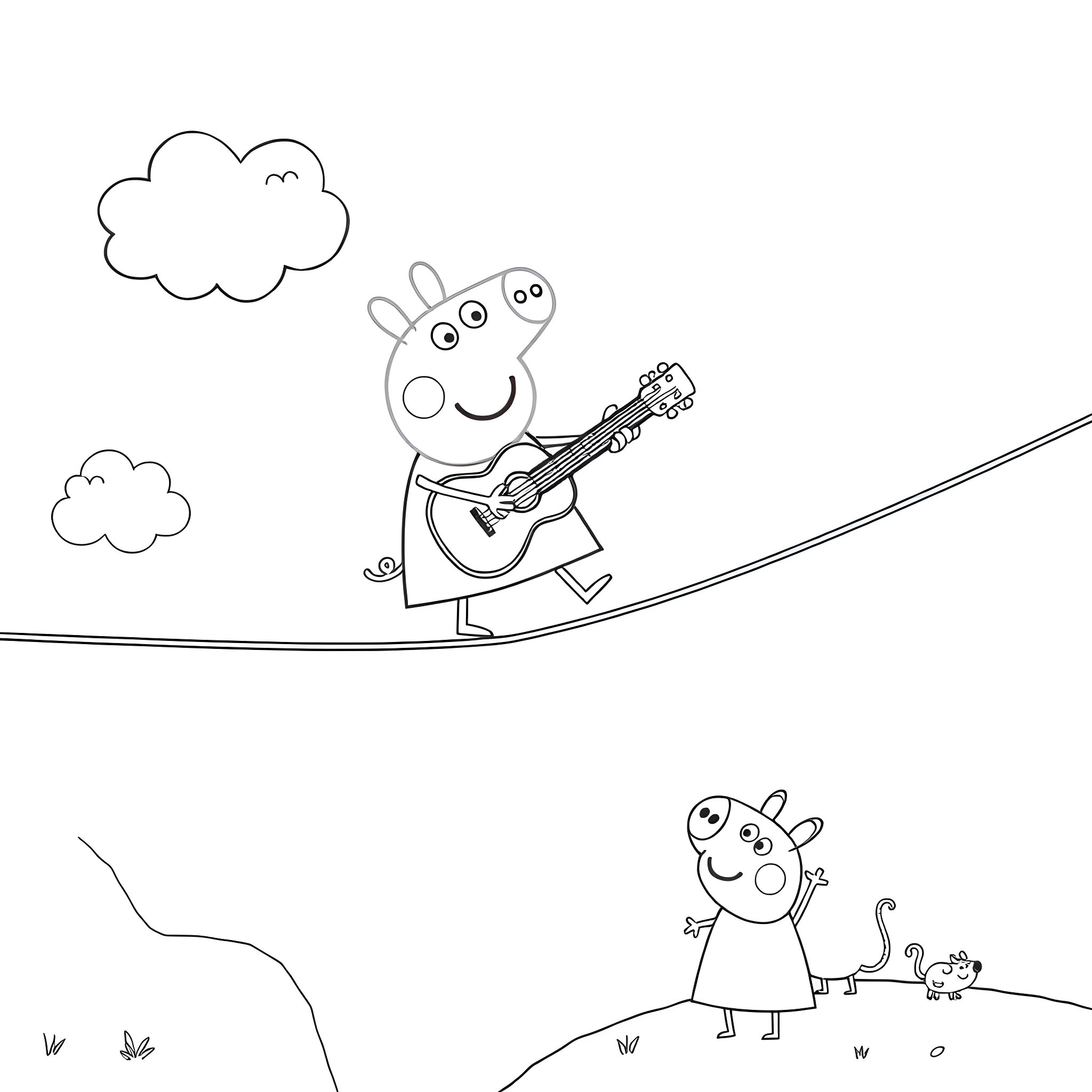 Peppa Pig playing guitar and exploring nature Coloring Page (free black-and-white line drawing printable PDF for all, from beginners to advanced learners, including children, teens, adults, and seniors)