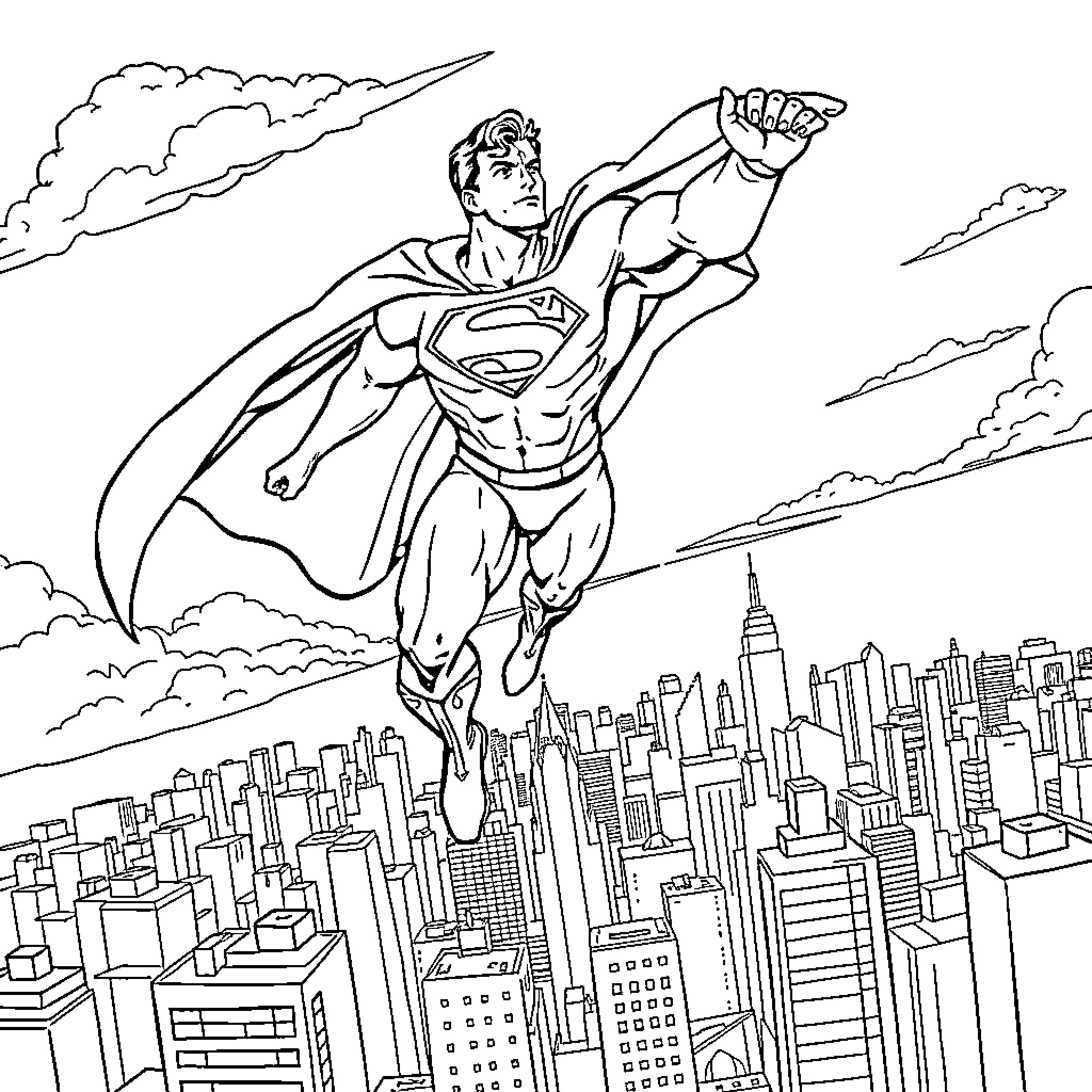 Superman heroically soaring over the city skyline Coloring Page (free black-and-white line drawing printable PDF for all, from beginners to advanced learners, including children, teens, adults, and seniors)