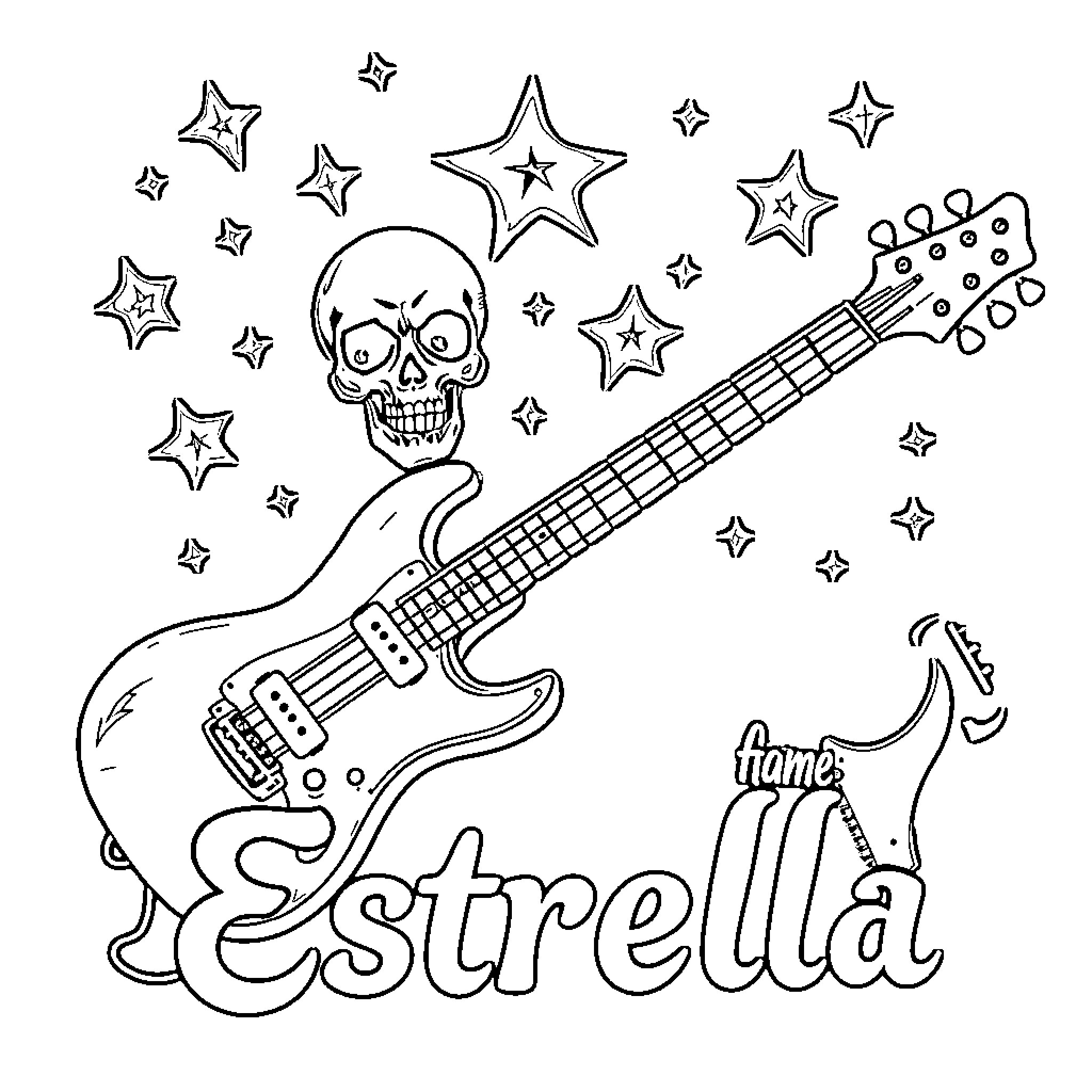 Guitar with Skull and Stars Coloring Page (free black-and-white line drawing printable PDF for all, from beginners to advanced learners, including children, teens, adults, and seniors)