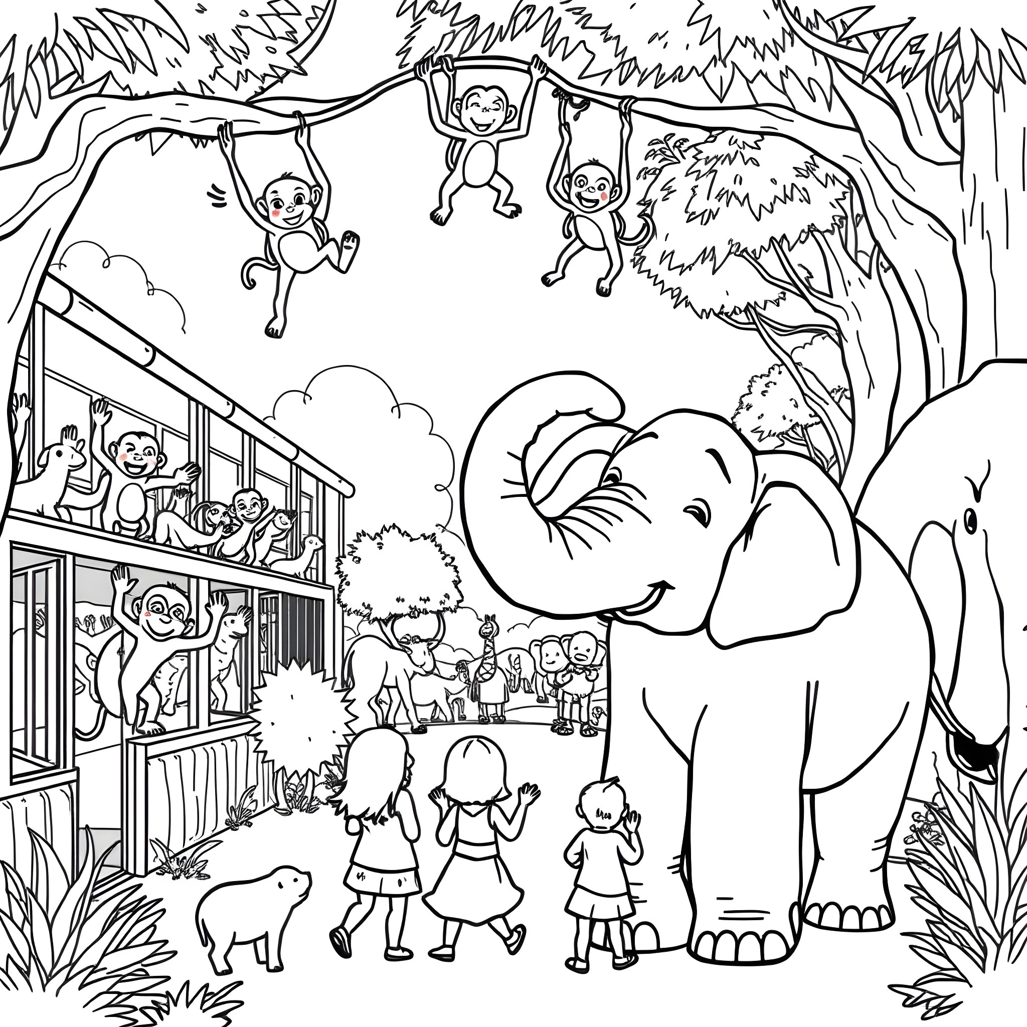 Zoo with Playful Monkeys and Elephant Coloring Page (free black-and-white line drawing printable PDF for all, from beginners to advanced learners, including children, teens, adults, and seniors)