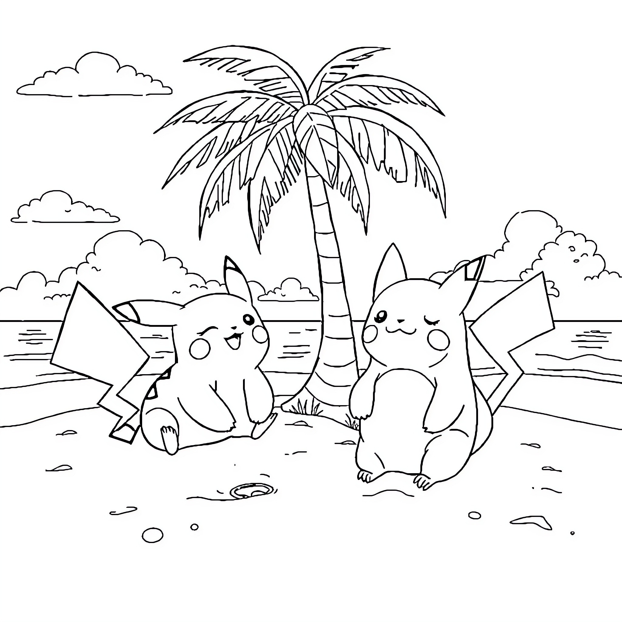 Pikachu enjoying a tropical beach with friends Coloring Page (free black-and-white line drawing printable PDF for all, from beginners to advanced learners, including children, teens, adults, and seniors)