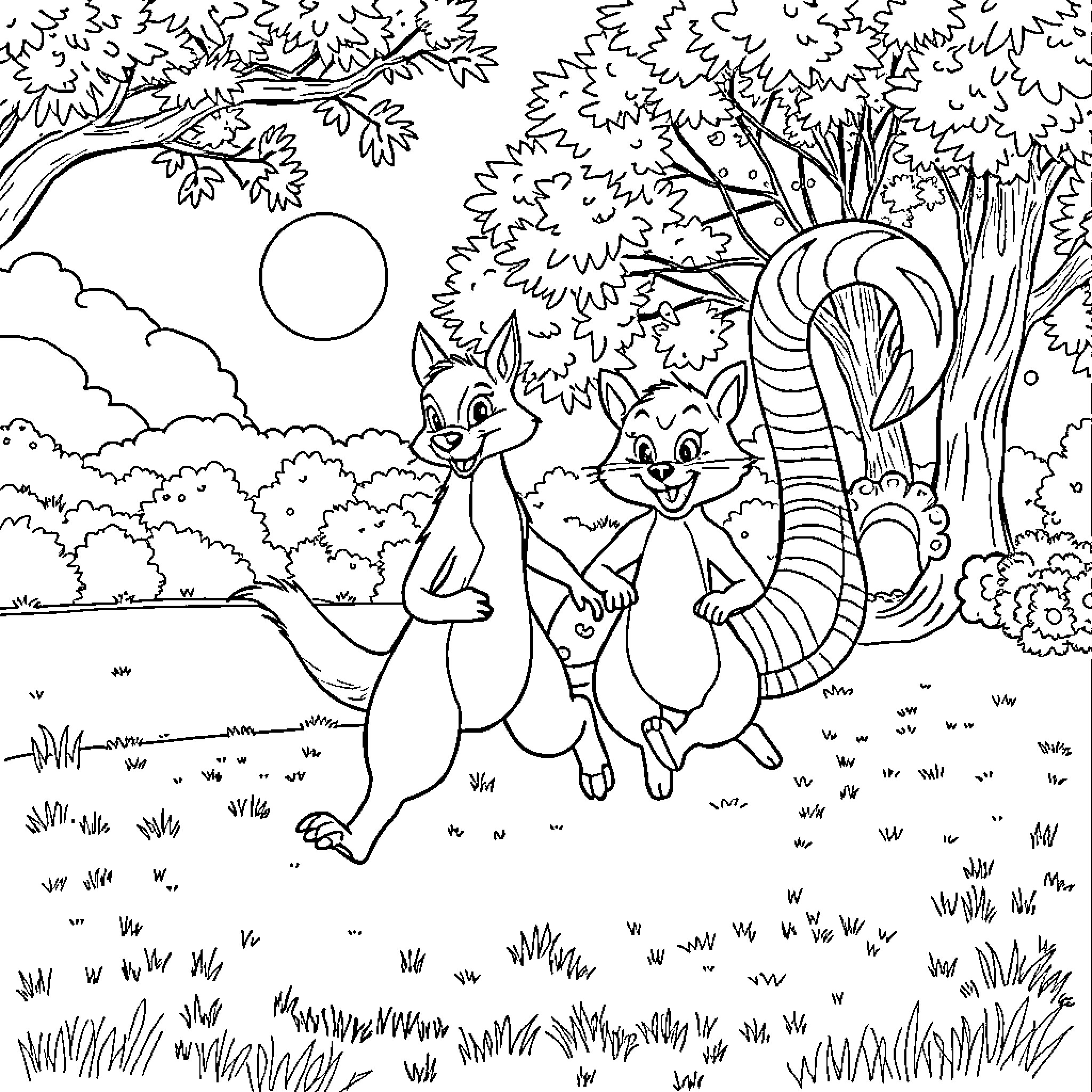 Zorro and Feisty Feline Friends in a Whimsical Woodland Coloring Page (free black-and-white line drawing printable PDF for all, from beginners to advanced learners, including children, teens, adults, and seniors)