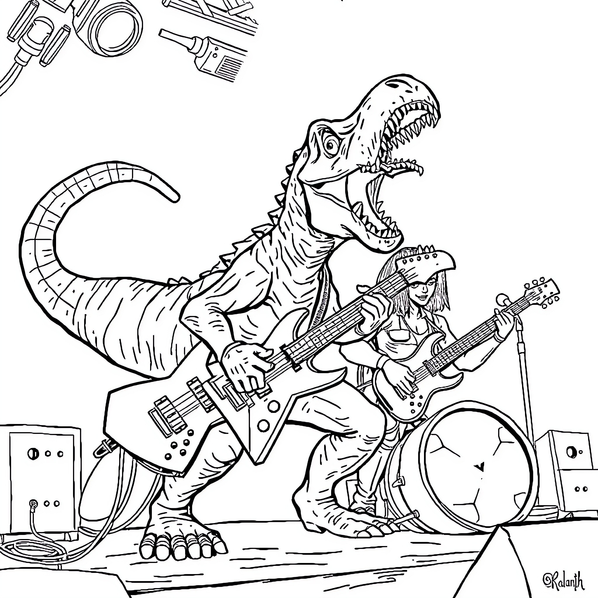 Dinosaur band performing on stage with electric guitars Coloring Page (free black-and-white line drawing printable PDF for all, from beginners to advanced learners, including children, teens, adults, and seniors)
