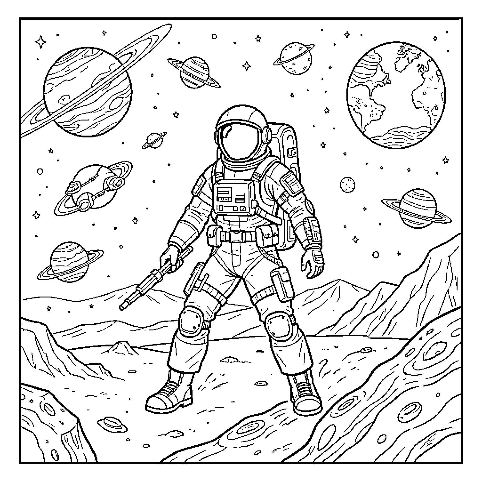 Mandalorian astronaut standing heroically on a distant planet Coloring Page (free black-and-white line drawing printable PDF for all, from beginners to advanced learners, including children, teens, adults, and seniors)