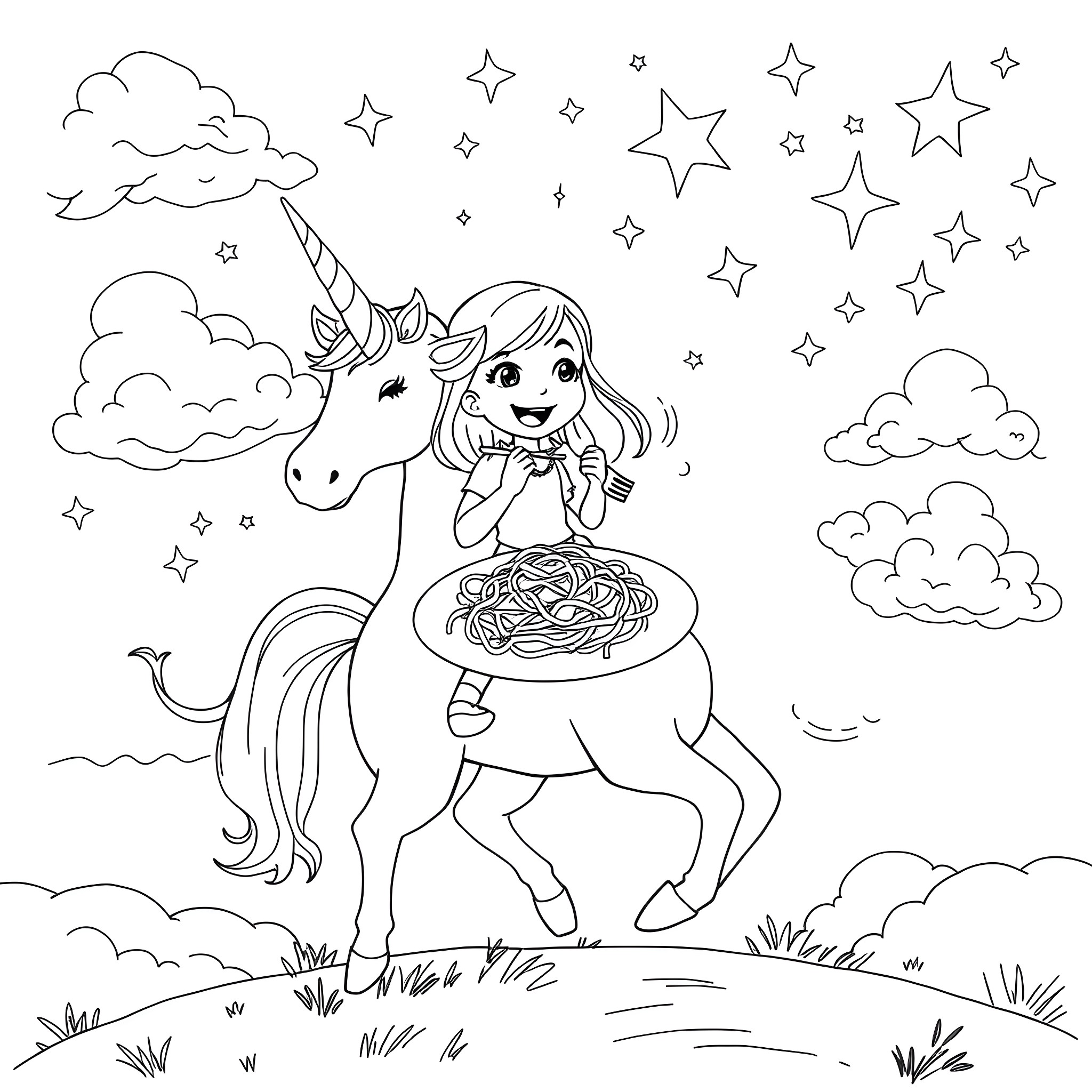 Girl riding a magical unicorn in a starry sky Coloring Page (free black-and-white line drawing printable PDF for all, from beginners to advanced learners, including children, teens, adults, and seniors)