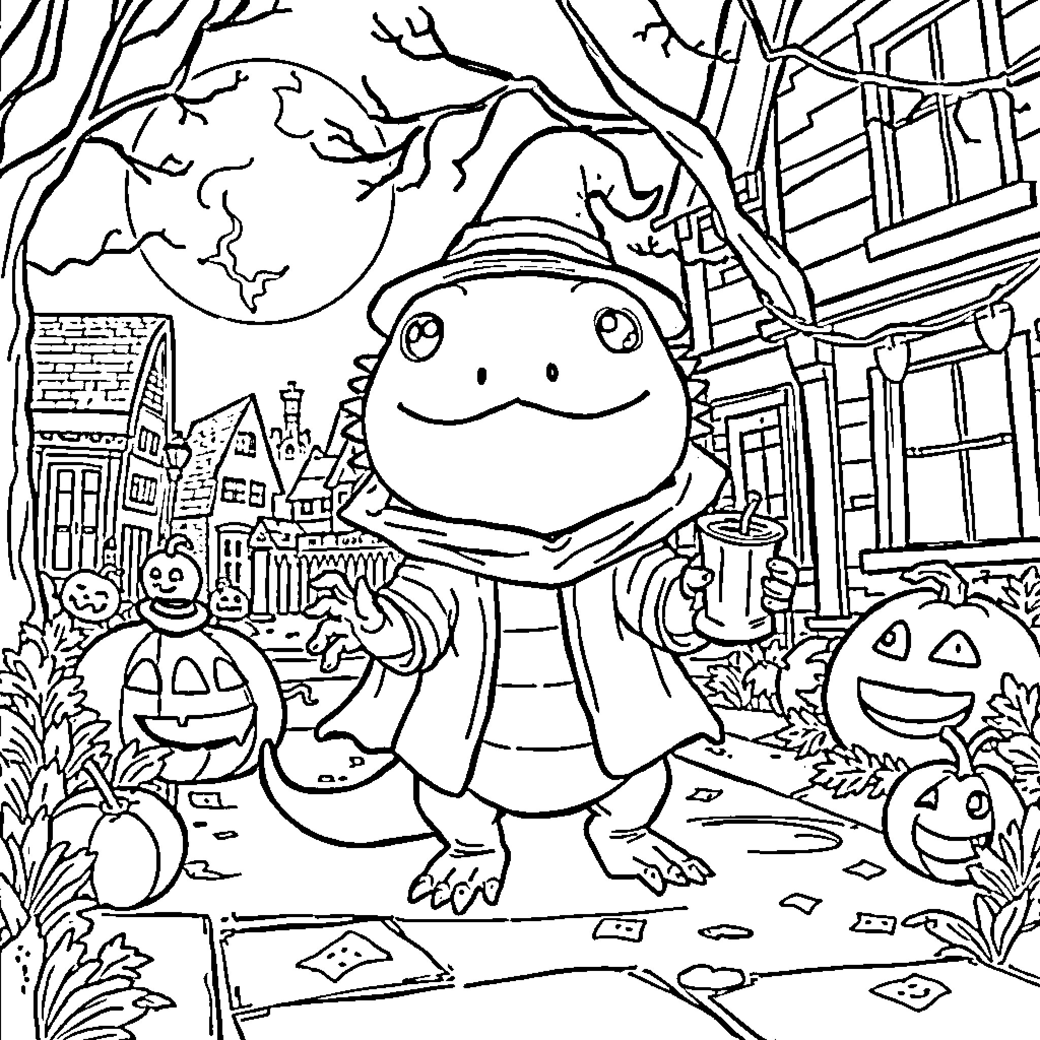 Axolotl trick-or-treating on Halloween night Coloring Page (free black-and-white line drawing printable PDF for all, from beginners to advanced learners, including children, teens, adults, and seniors)