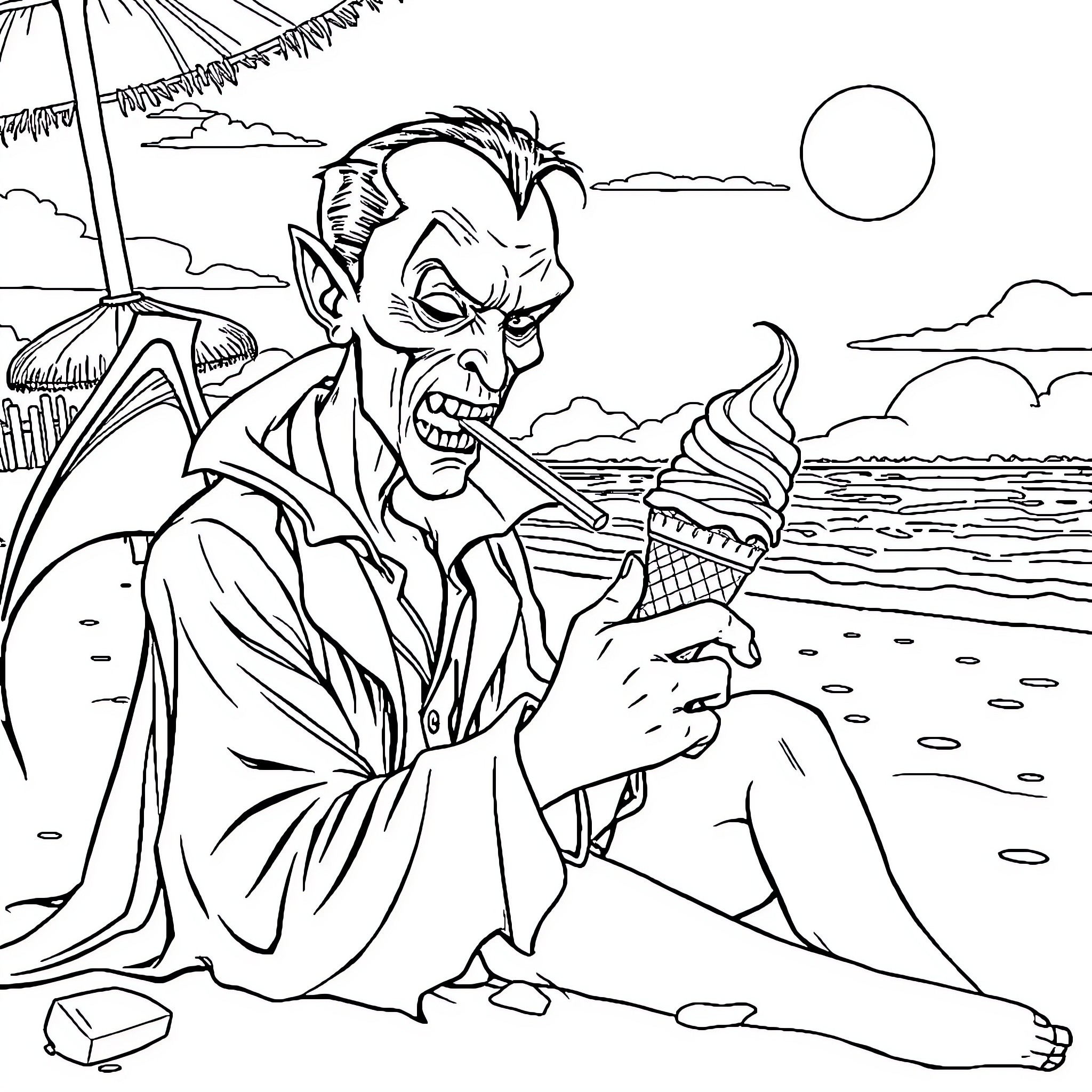 Vampire enjoys a chilling ice cream on the beach Coloring Page (free black-and-white line drawing printable PDF for all, from beginners to advanced learners, including children, teens, adults, and seniors)