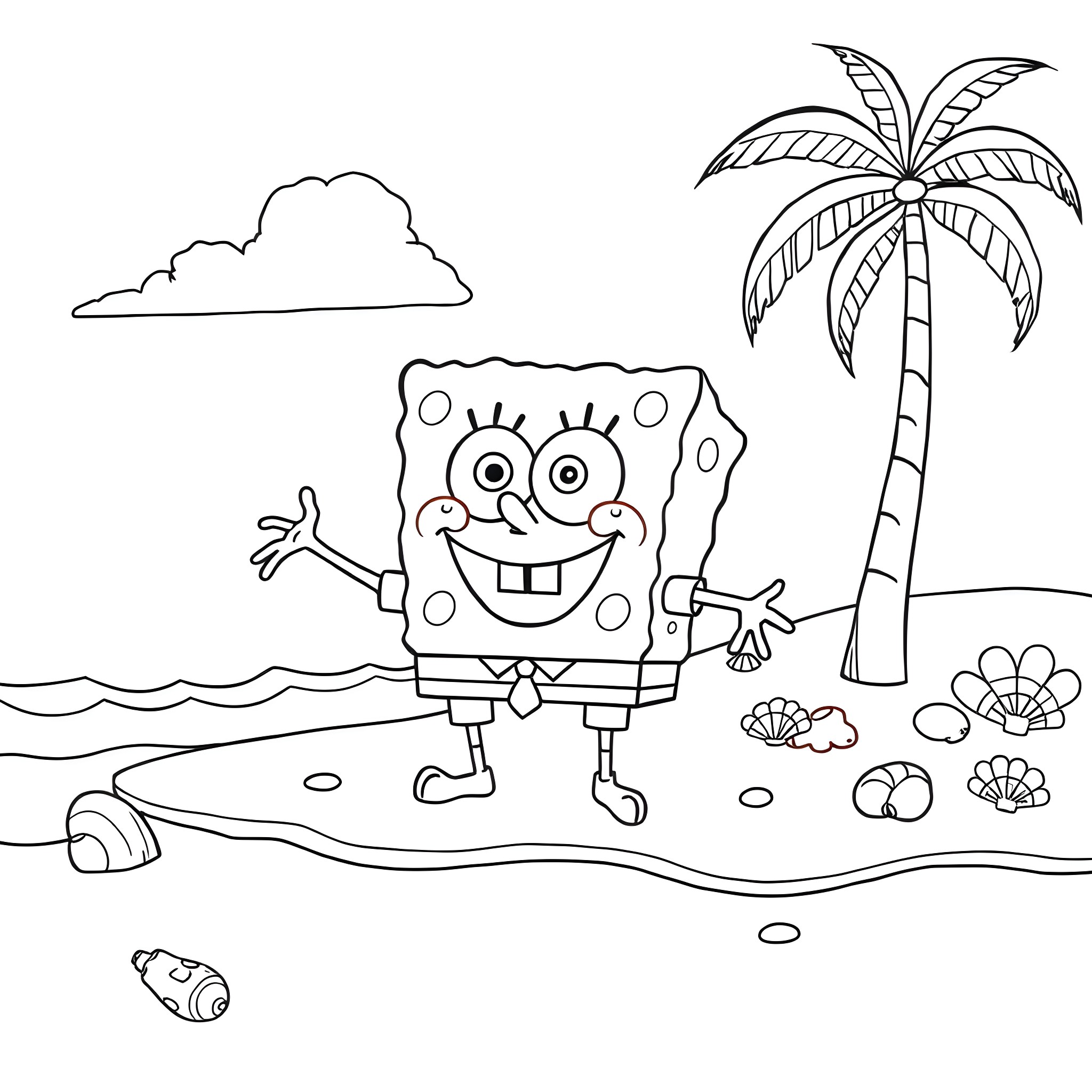 Spongebob enjoying a sunny day at the beach Coloring Page (free black-and-white line drawing printable PDF for all, from beginners to advanced learners, including children, teens, adults, and seniors)