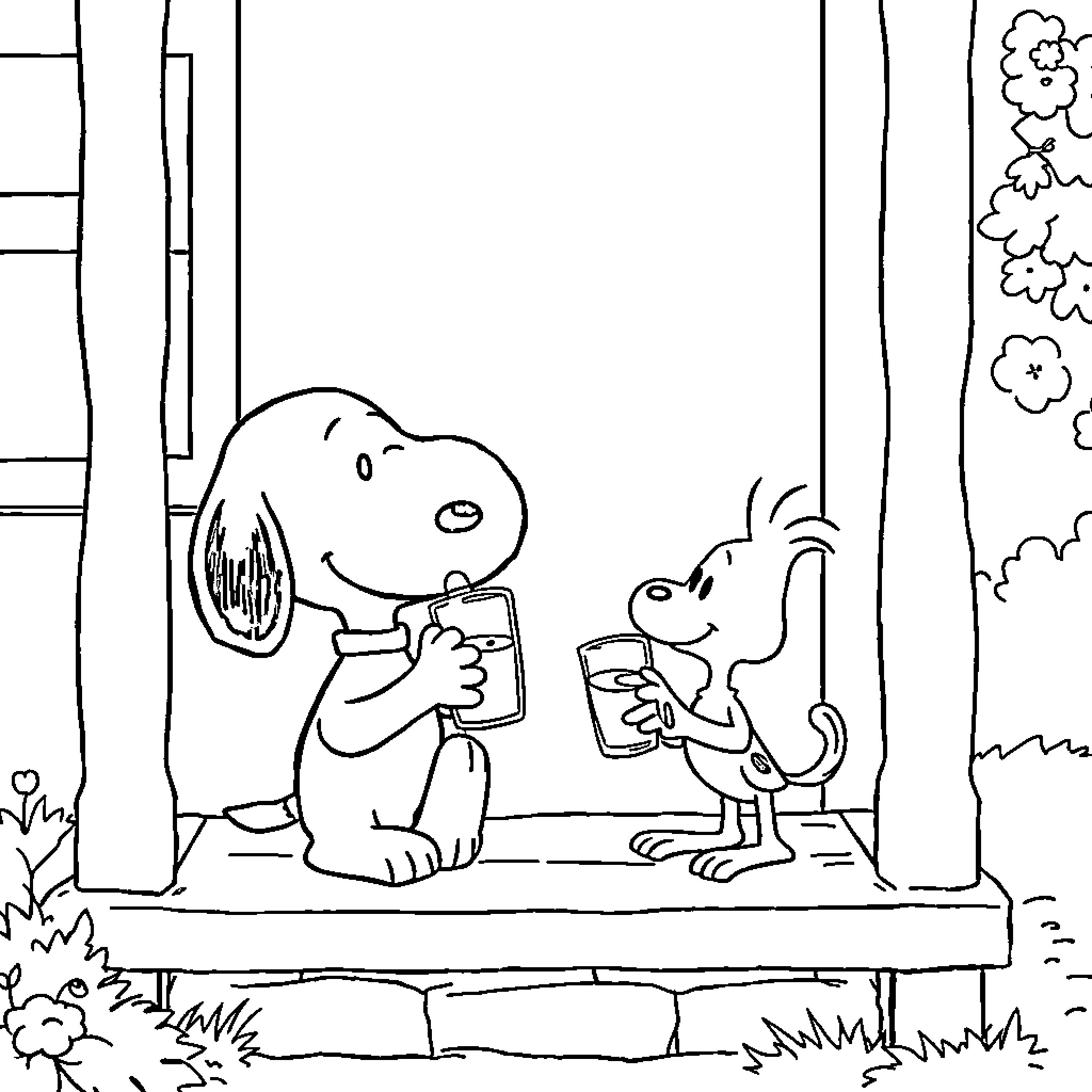 Snoopy and Woodstock enjoy a drink on the porch Coloring Page (free black-and-white line drawing printable PDF for all, from beginners to advanced learners, including children, teens, adults, and seniors)